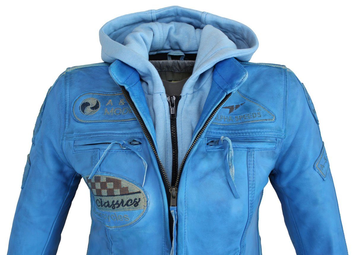 Alpha Speeds Lederjacke Damen Motorrad Leder Jacke Biker, Freizeit Highway Jacke Blau aus weichem Lammleder, mit Protektoren & Kapuze – Bild 4 von 5