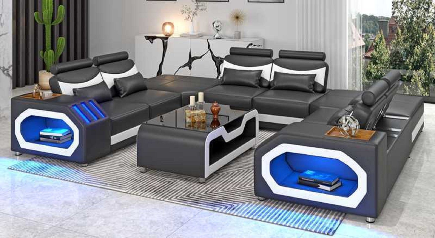 JVmoebel Ecksofa Design Großes Sofa XXL U Form Modern Ecksofa LED, 5 Teile, Made in Europe Schwarz