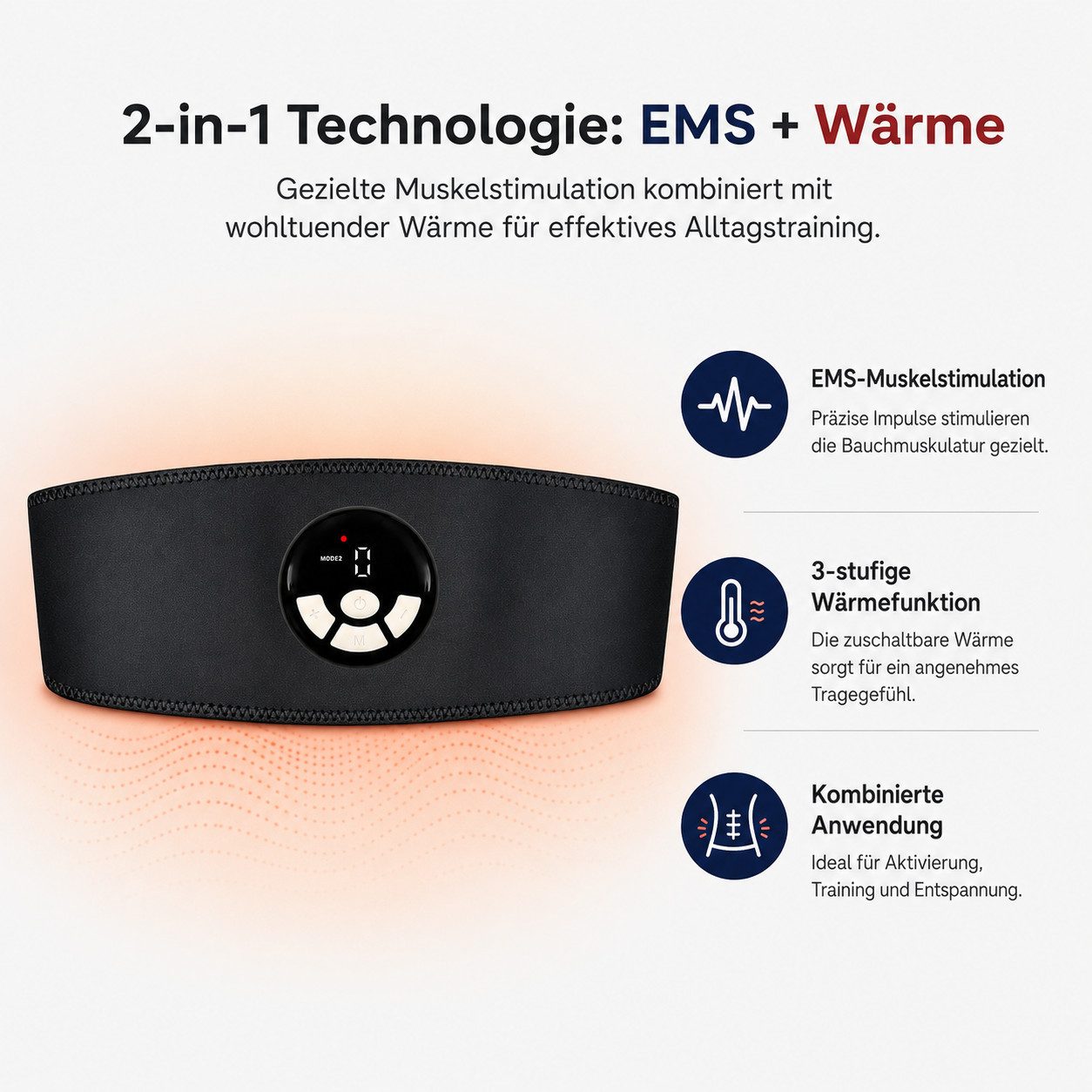 Tekoo EMS-Bauchmuskeltrainer mit Wärmefunktion, EMS Fitnessgürtel mit Heizung, Akku Bauchtrainer, (Bauchtrainer-Set, 3-teiliges Set), EMS mit 3-Stufen Wärmefunktion, Nutzung ohne Gel-Pads möglich