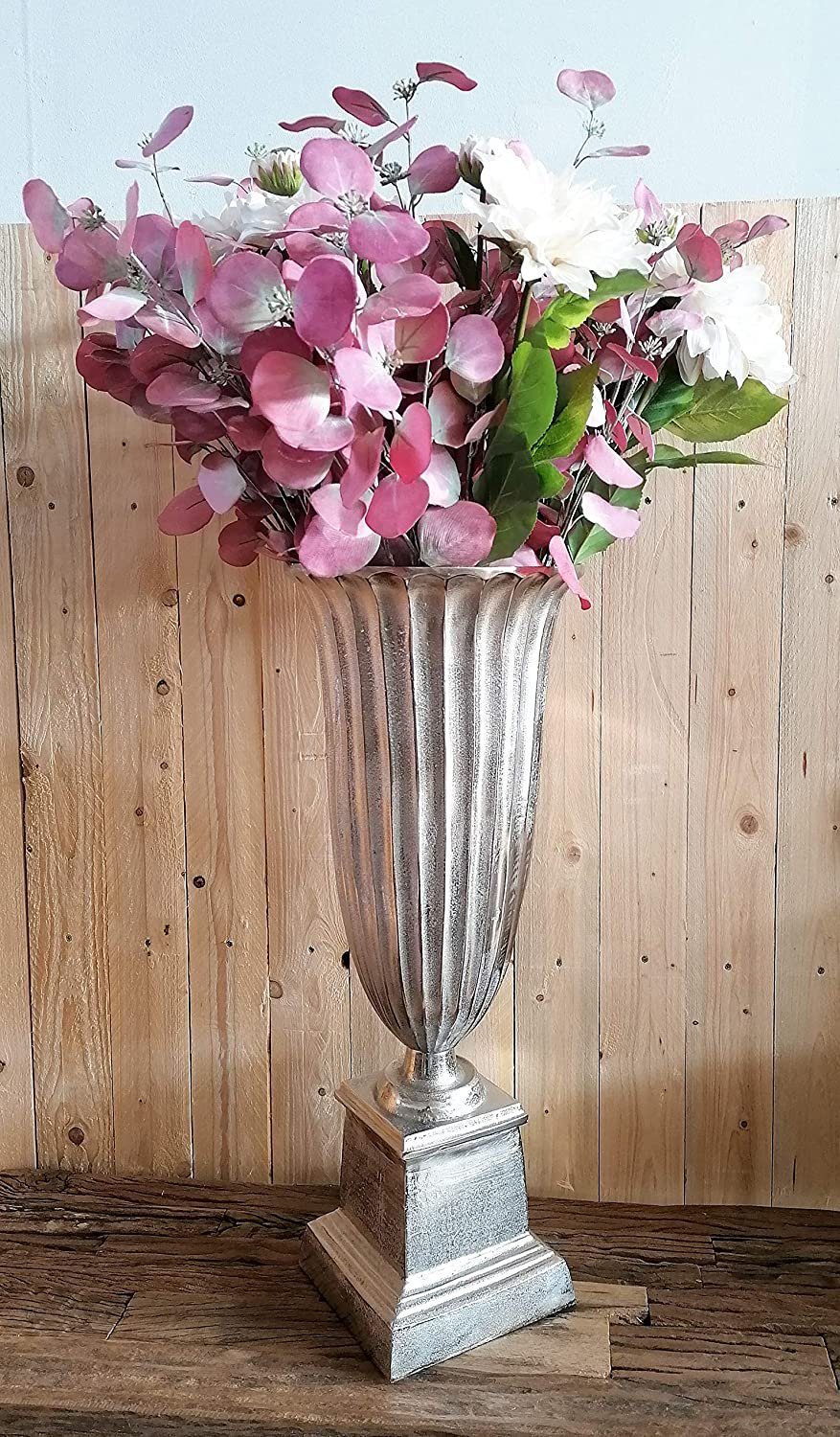 - cm Silber aus und 75 68 MichaelNoll Pampasgras Dekovase oder für Pokalvase Groß Metall Blumenvase Dekovase - Aluminium Bodenvase - Kunstblumen Vase cm