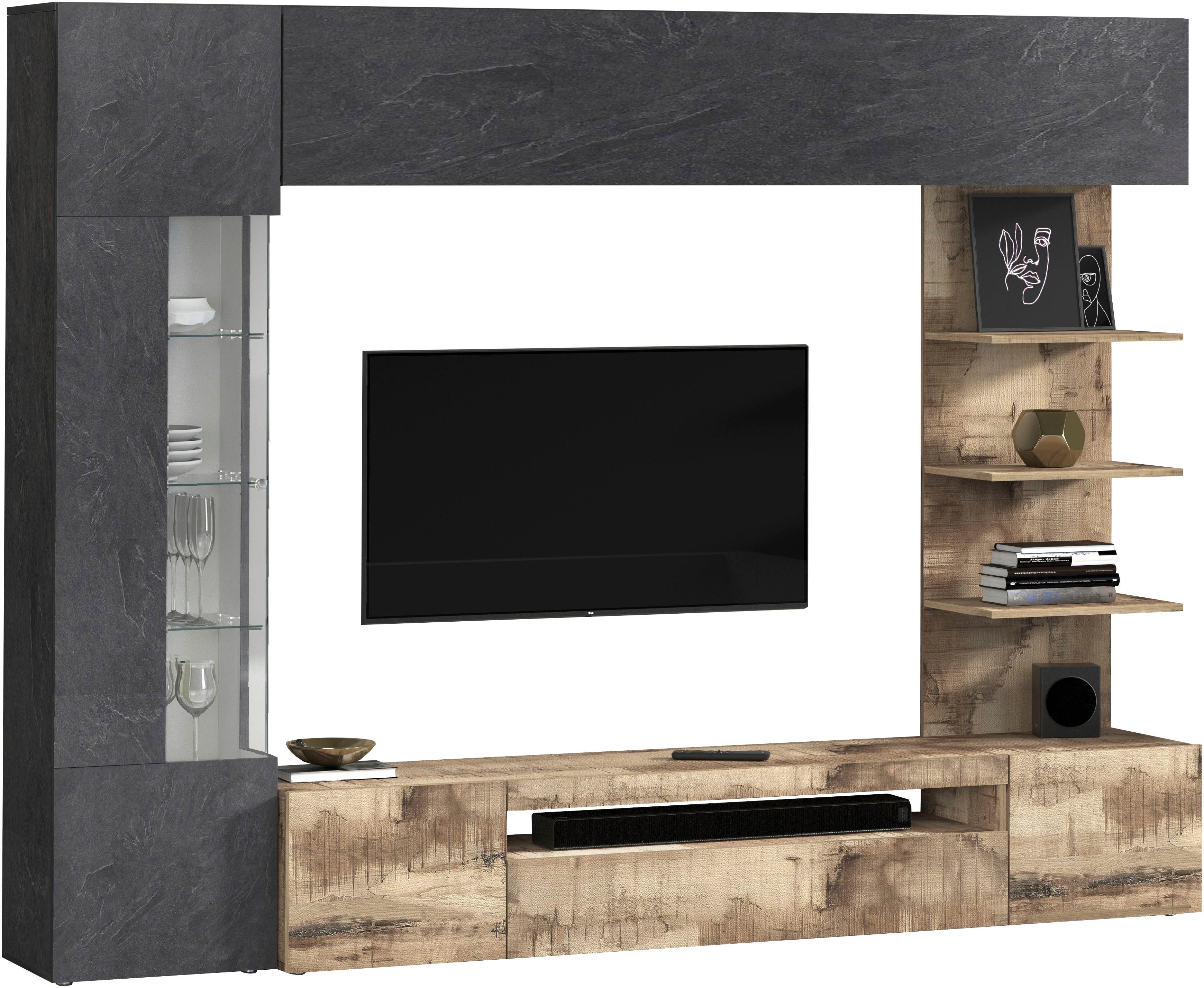 INOSIGN Wohnwand Wohnwand New Egypt, Anbauwand, Medienwand, Wohnzimmerwand, (4-St., Weiß in Hochglanz, alle anderen Farben in matter Ausführung), 2 Klappen, 2 Türen, 1 Glastür, Regalaufsatz, B 245 × H 191 cm