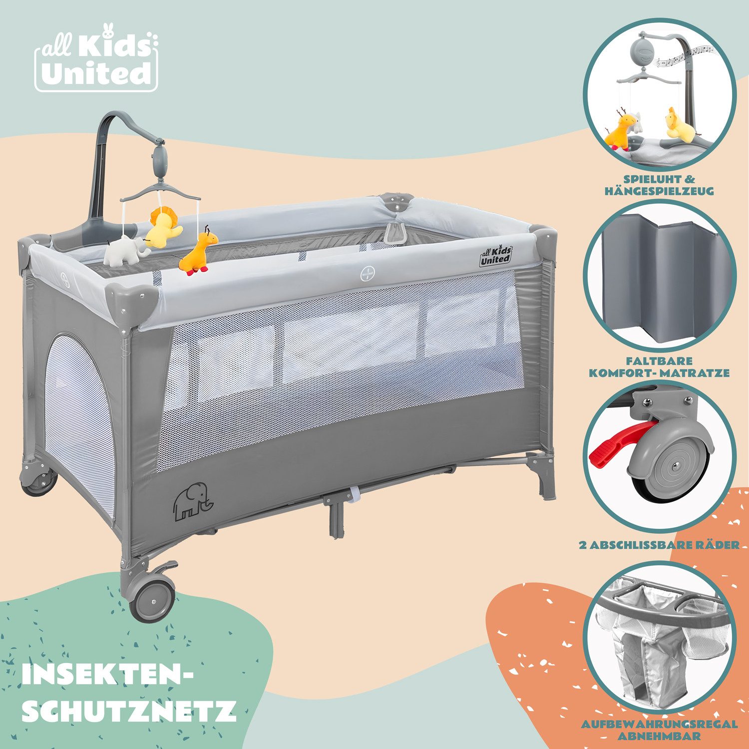 all Kids United Baby-Reisebett Faltbares Baby Reisebett- Babybett mit Matratze, Tragetasche&Stauraum, mit Wickelauflage