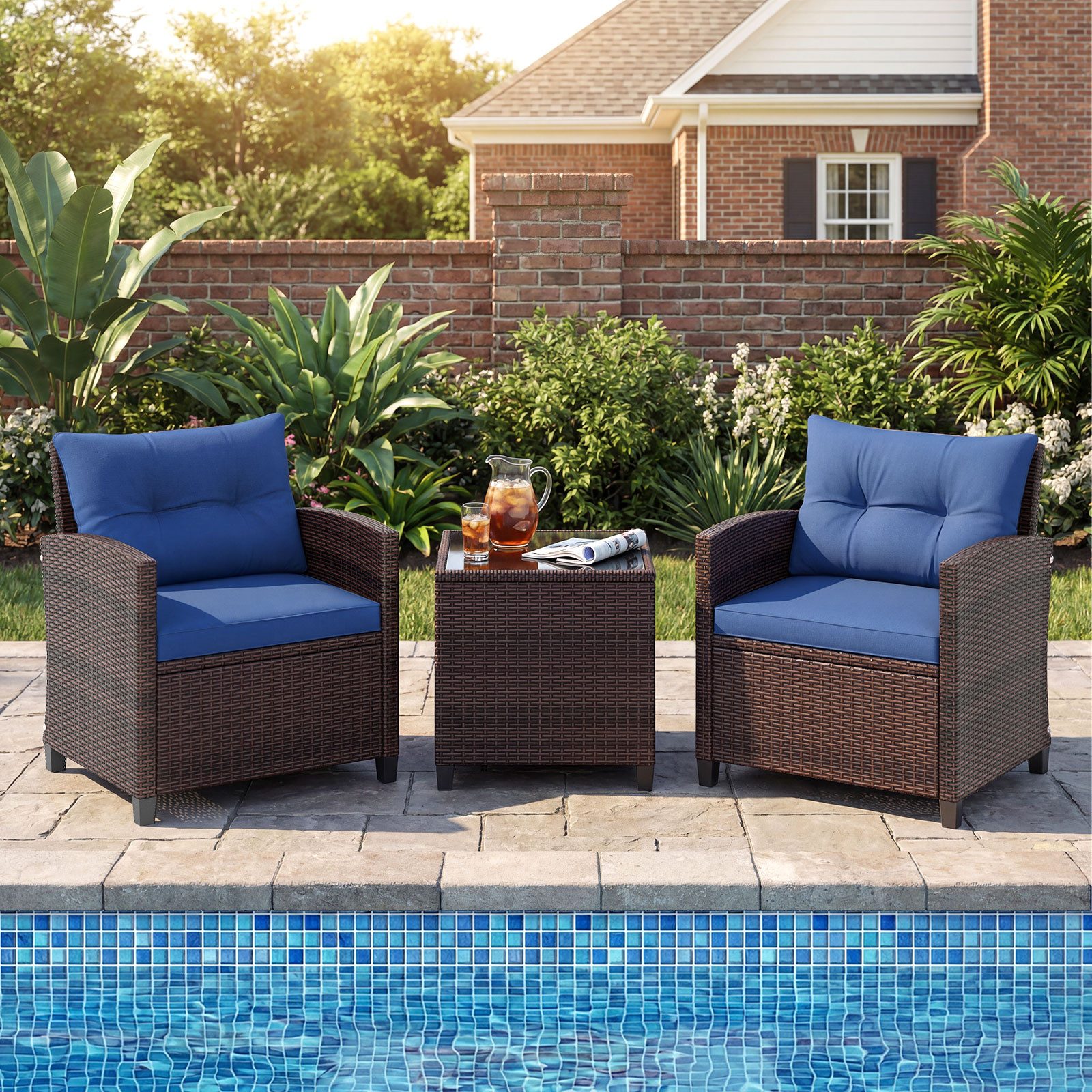 COSTWAY Gartenlounge-Set, (3-tlg., 2 Sessel & 1 Tisch), Rattan mit Kissen, Balkonset
