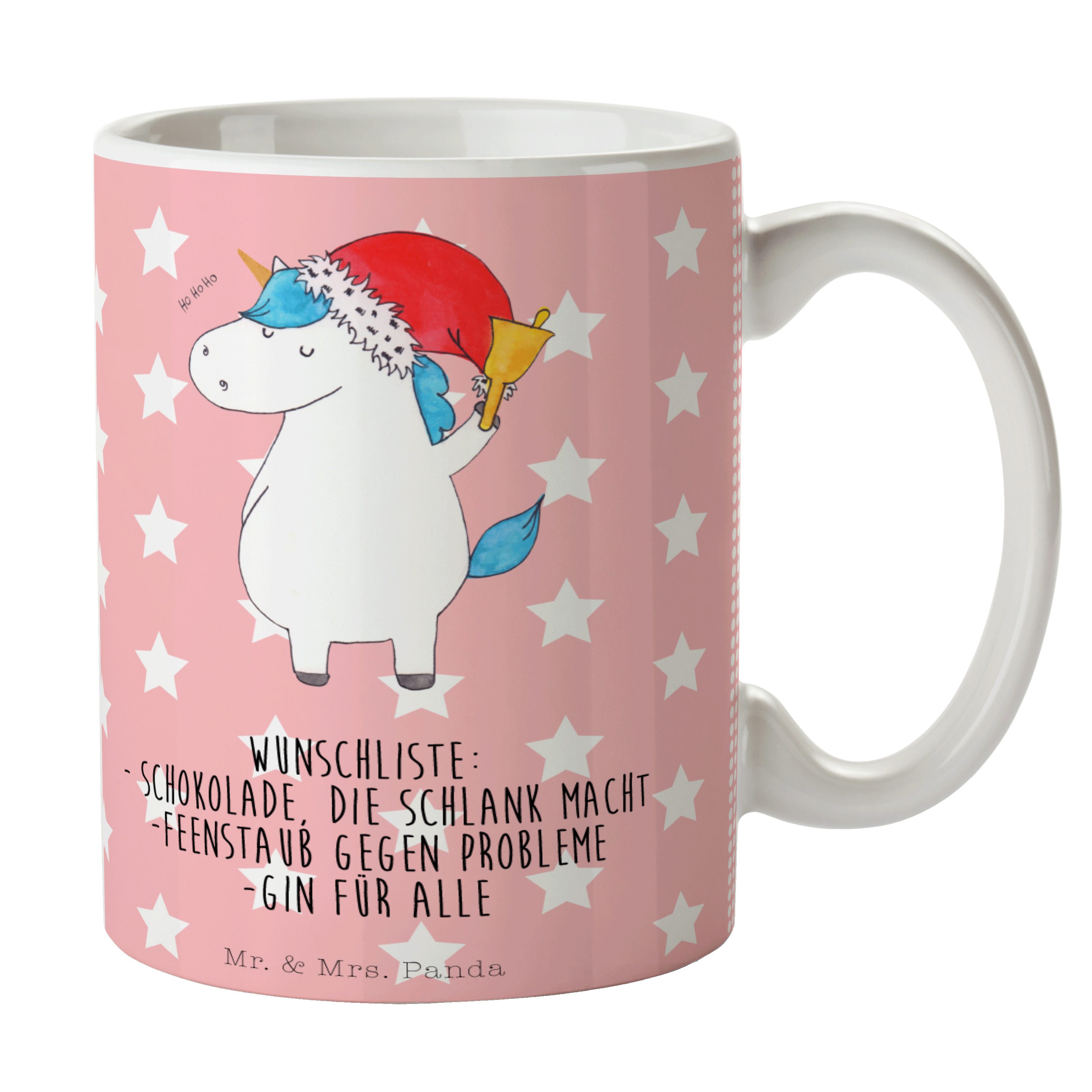 Mr. & Mrs. Panda Tasse Einhorn Weihnachtsmann - Rot Pastell - Geschenk, Wunschzettel, Kaffee, Keramik