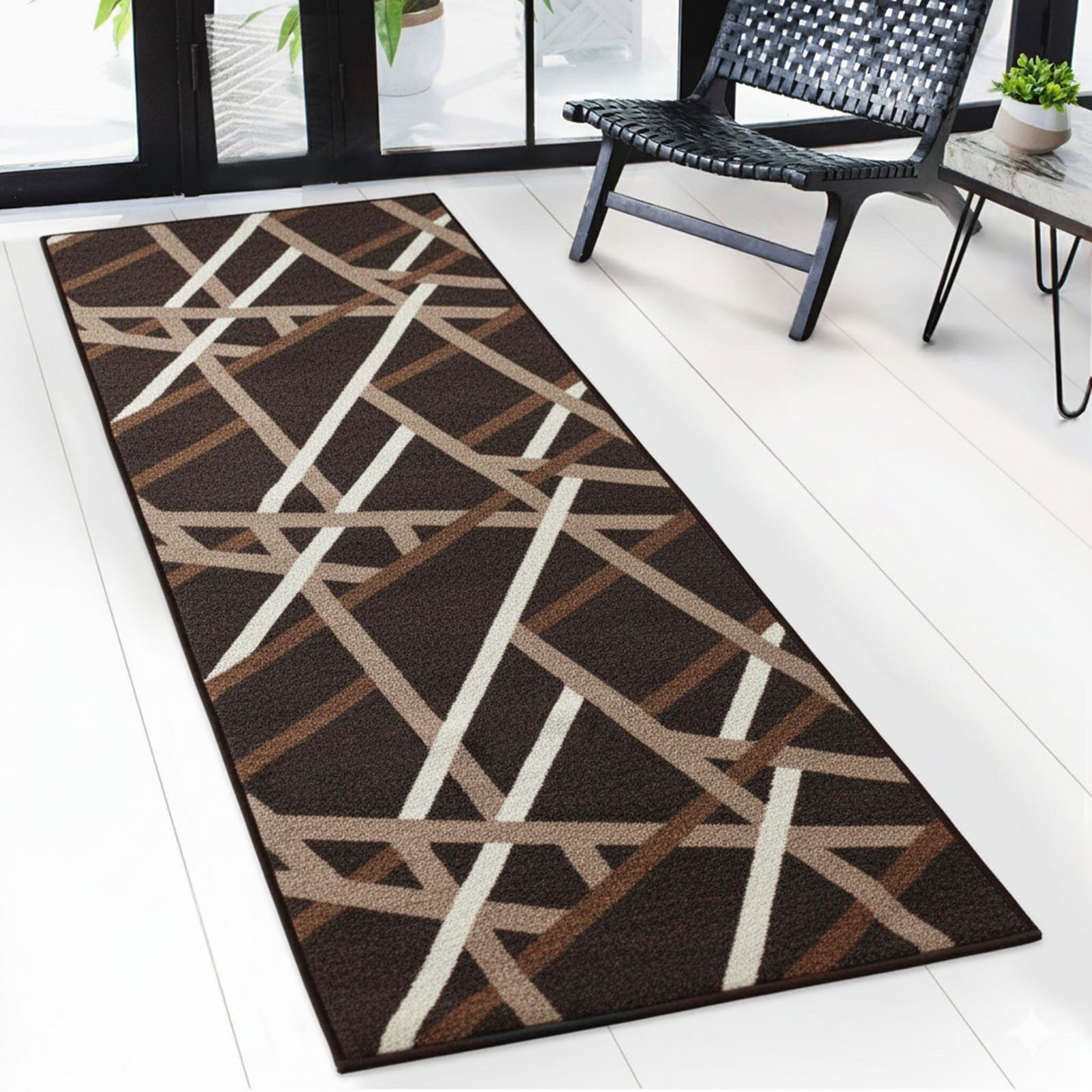 Floordirekt Läufer Printed, modernes Streifen Design, strapazierfähiger Flur Läufer, Rechteckig, rutschfeste Rückseite, für Flur, Küche & Eingang, Braun - 67x100 cm