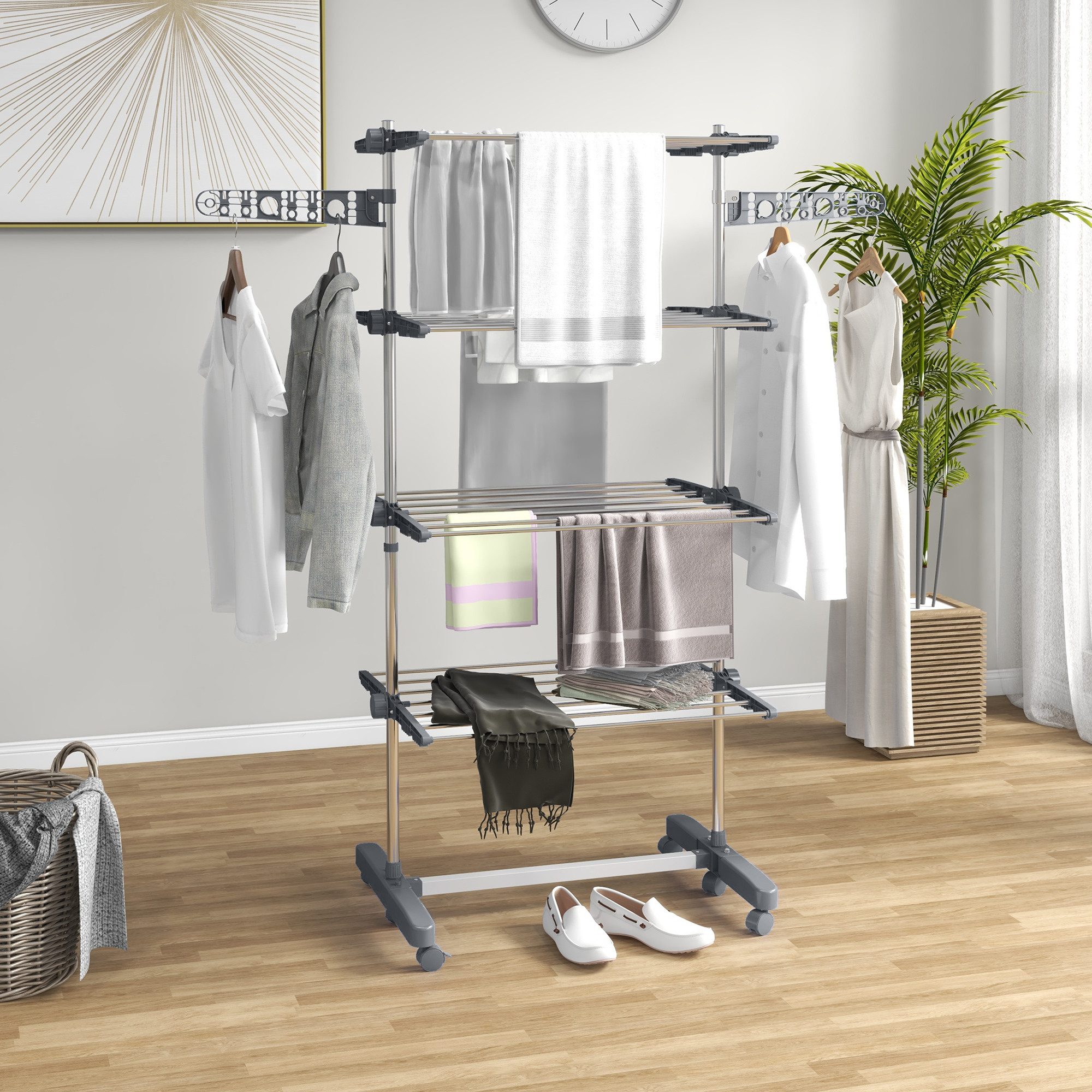 HOMCOM Wäscheständer Turm Standtrockner mit 4 Ebenen, klappbare Flügel, Rollen, für Indoor, Outdoor, Stahl Grau 80,142 x 55 x 172 cm