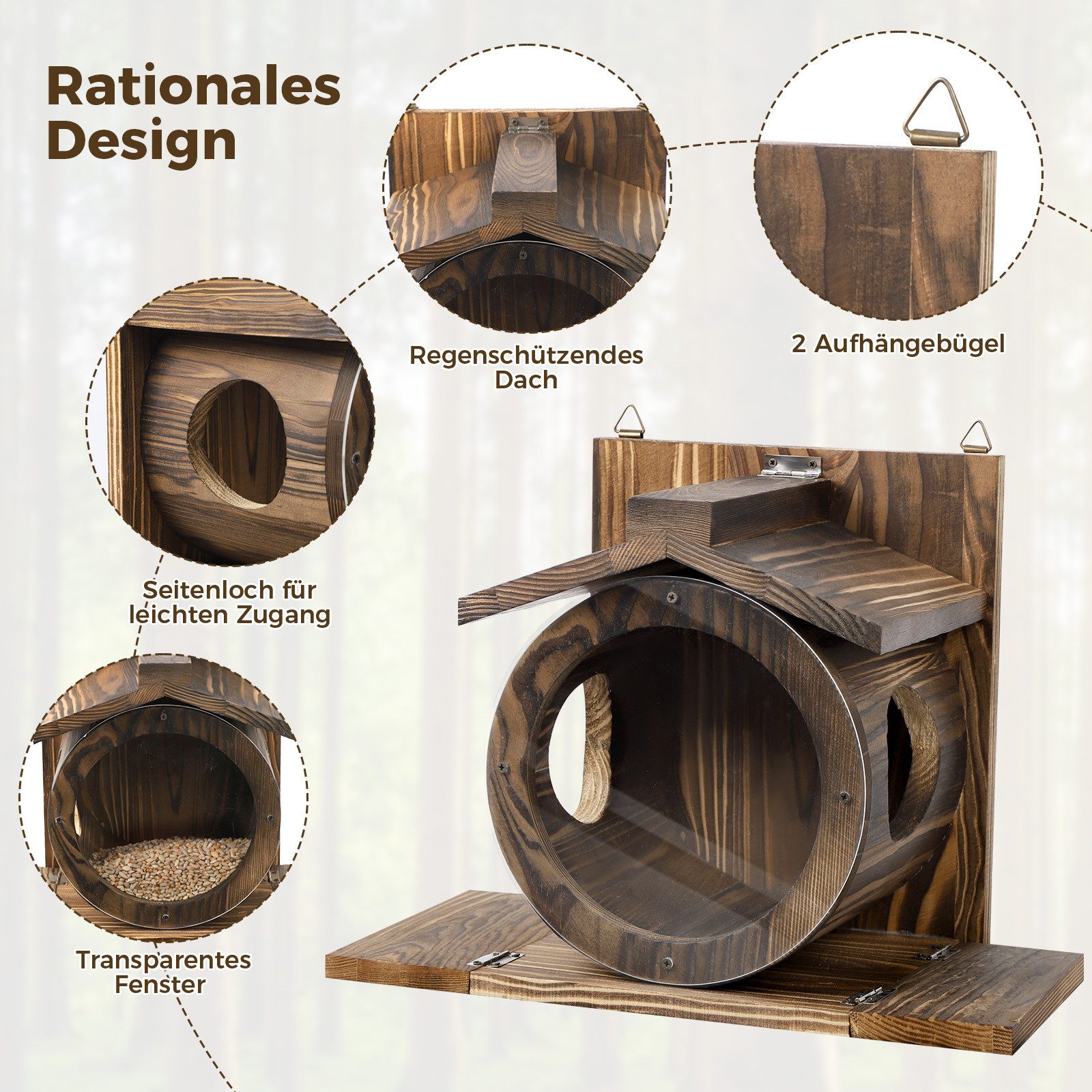 JOYOLEDER Eichhörnchenkobel Futterhaus Eichhörnchen Wetterfest mit Runden Transparentes Fenster, Futterstation Eichhörnchen für Draußen, mit Belüftungslöchern