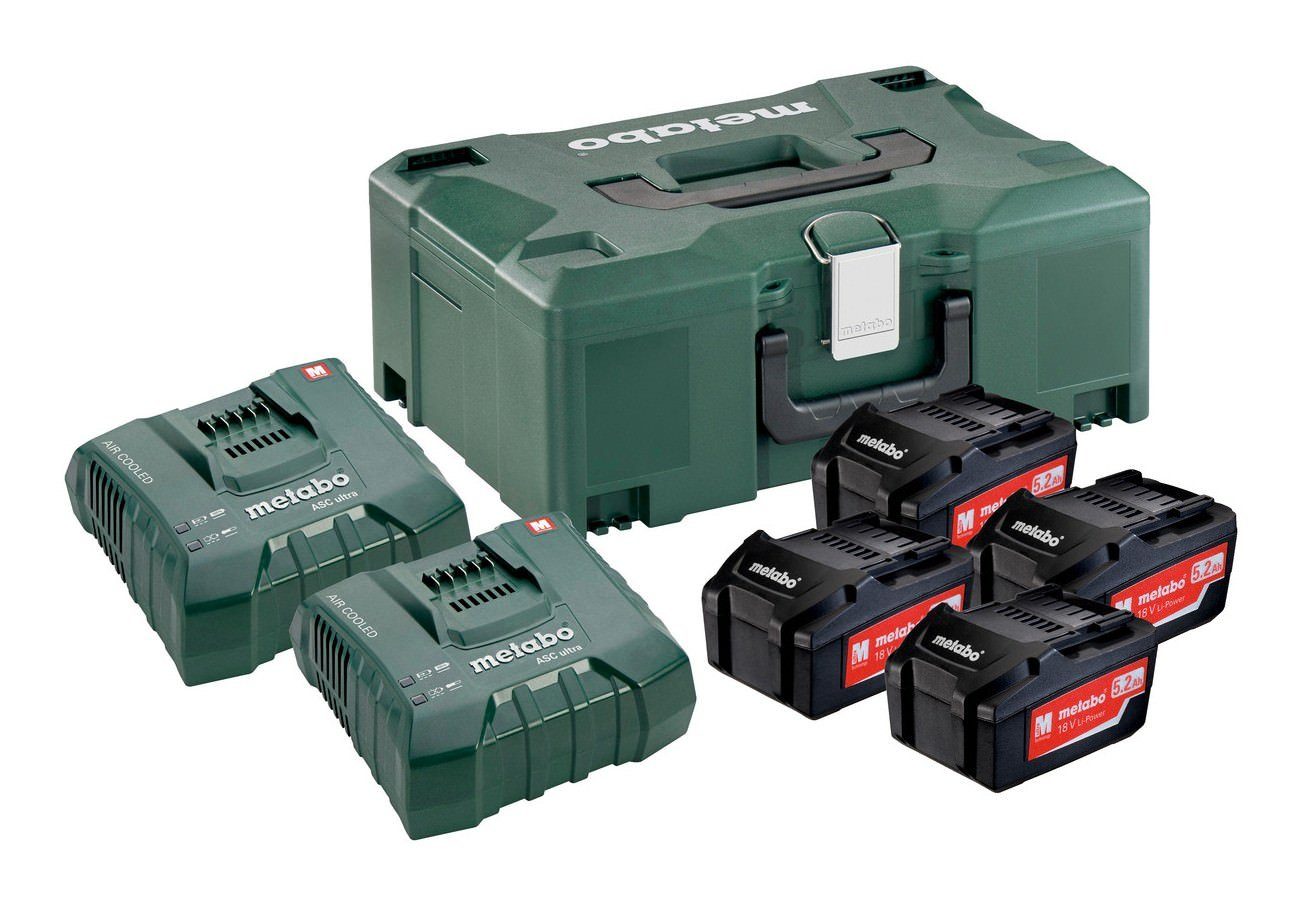 metabo Akku Starter-Set (18 V), Basis Akkuset 4 x 5,2 Ah Li-Ion u. 2x Schnellladegerät ASC Ultra im
