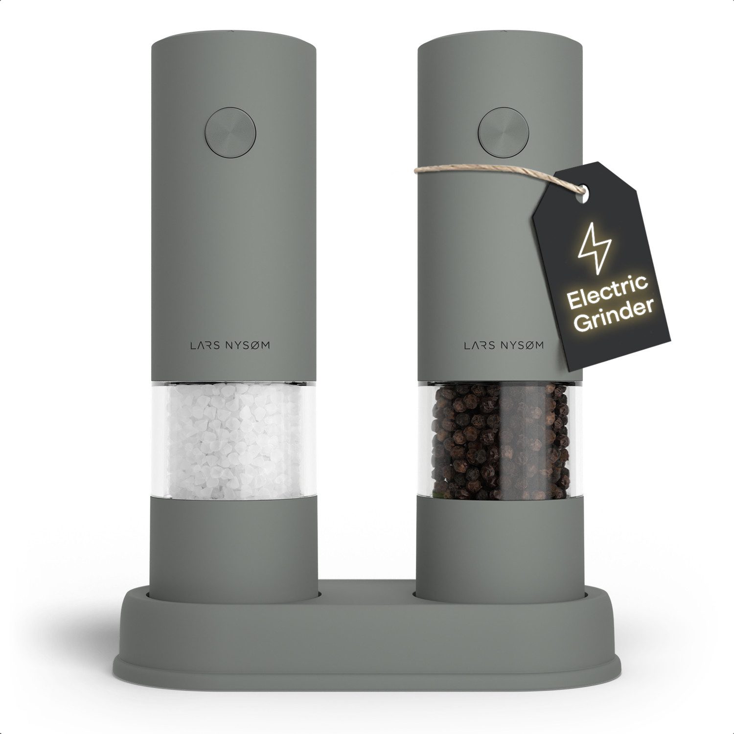 LARS NYSØM Gewürzmühle Kryd praktische Einhandbedienung per Drucktaste, (2 Stück), elektrische Salz- & Pfeffermühle mit Ständer