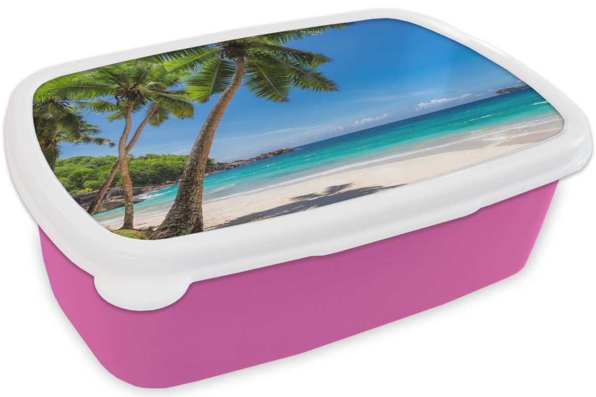 für Lunchbox - Insel, Brotdose Kinder, Mädchen, Strand Erwachsene, rosa - Kunststoff, Palme Brotbox Kunststoff Meer Snackbox, MuchoWow - (2-tlg),