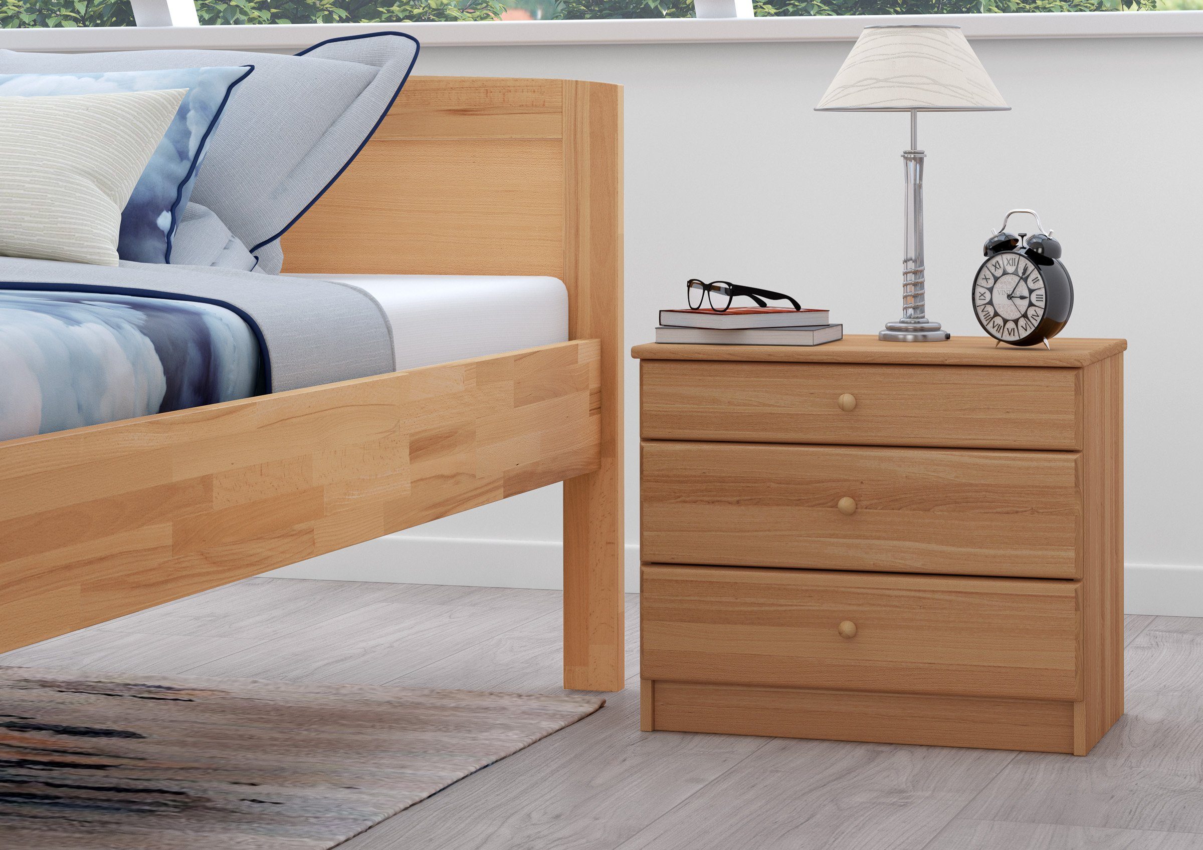 ERST-HOLZ Nachtkommode Buche Massiv Nachtkonsole für Erhöhte Seniorenbetten mit 3 Schubladen, 90.20-K36 - Nachttisch Buche natur-Drei Schubläden