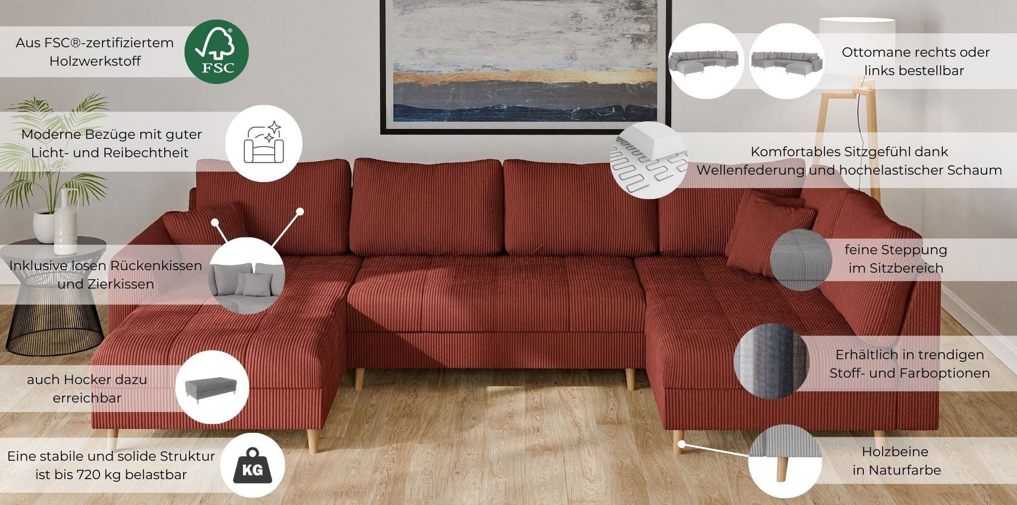 Home affaire Wohnlandschaft CHARRE U-Form mit Ottomane, Maße B/T/H: 310/161/81 cm, feine Steppung, lose Rücken- und Zierkissen, auch in Cord und Bouclé