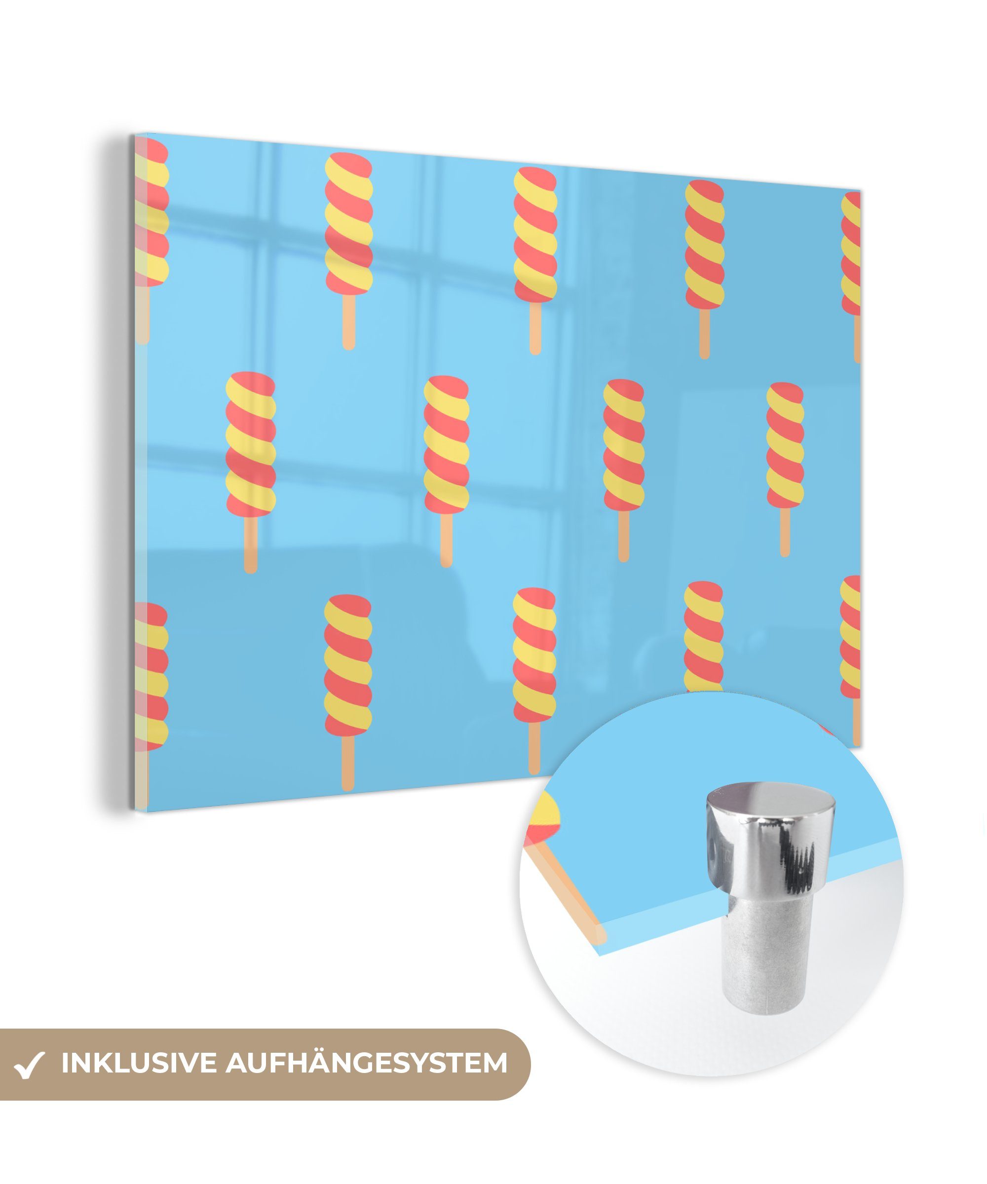 MuchoWow Acrylglasbild Eiscreme - Muster - Blau - Gelb, (1 St), Glasbilder - Bilder auf Glas Wandbild - Foto auf Glas - Wanddekoration