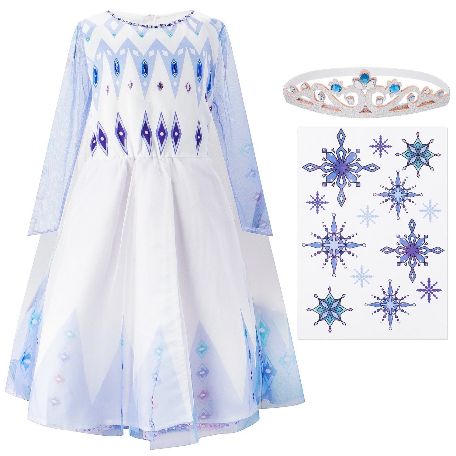 Corimori Prinzessin-Kostüm Eiskönigin Kleid für Elsa Fans, Set für Kinder, Prinzessinenkleid für Fasching, Karneval hellblau-weiß, Größe 140/146