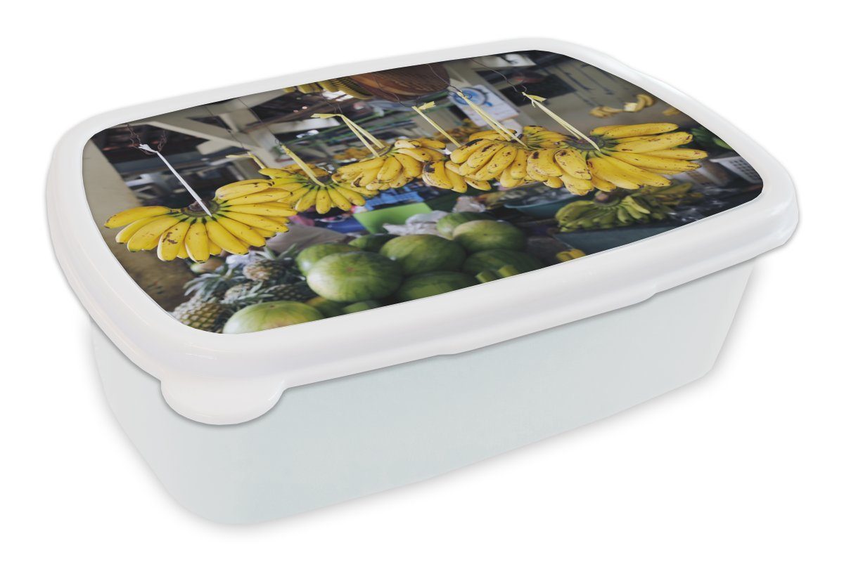 MuchoWow Lunchbox Banane - Markt - Java, Kunststoff, (2-tlg), Brotbox für Kinder und Erwachsene, Brotdose, für Jungs und Mädchen weiß