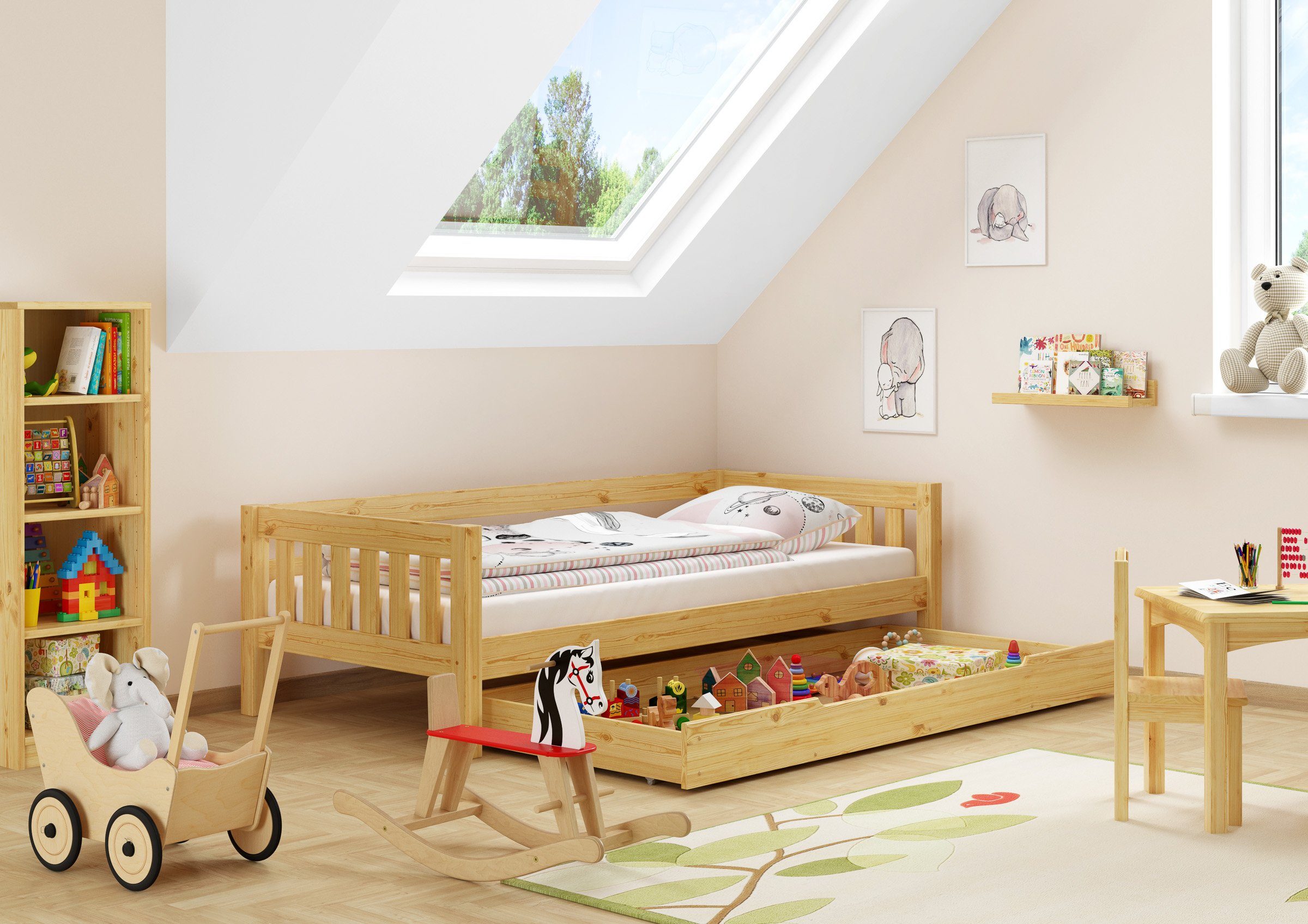 ERST-HOLZ Bett Gemütliches Kinderbett mit Kiefer, 90x200 cm Kieferfarblos lackiert dreiseitiger Sicherung