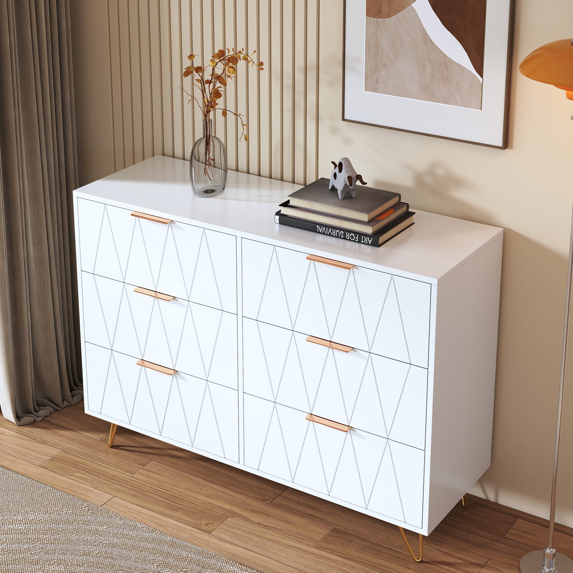 PXloue Kommode Moderne Kommode Weiß mit Goldenen Akzenten, 6 Schubladen, Stilvoller Aufbewahrungsschrank mit geometrischem Design