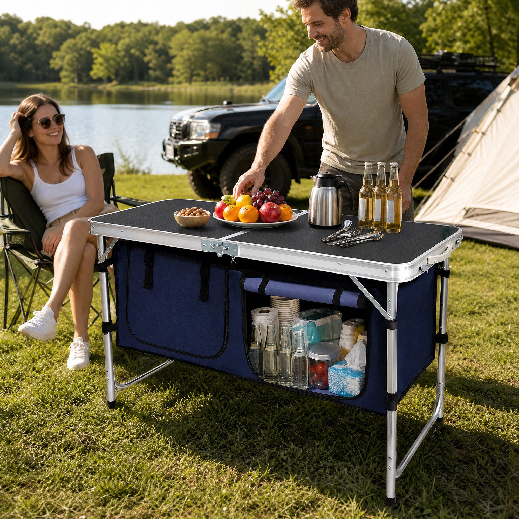 DAITORE Campingschrank Campingküche Faltbar, Leicht Campingschrank mit Aluminiumgestell Campingtisch Klappbar mit 2 Große Staufächer
