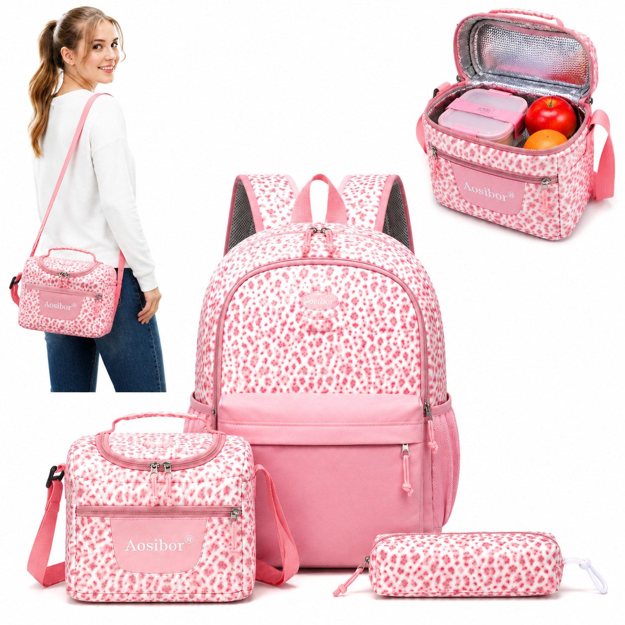 ibettertec Rucksack Schulrucksack Set 3 Stück mit Isoliertasche und großem Stauraum (Leichter Alltagsrucksack mit vielen Fächern, wasserabweisendem Material), Thermofach für unterwegs