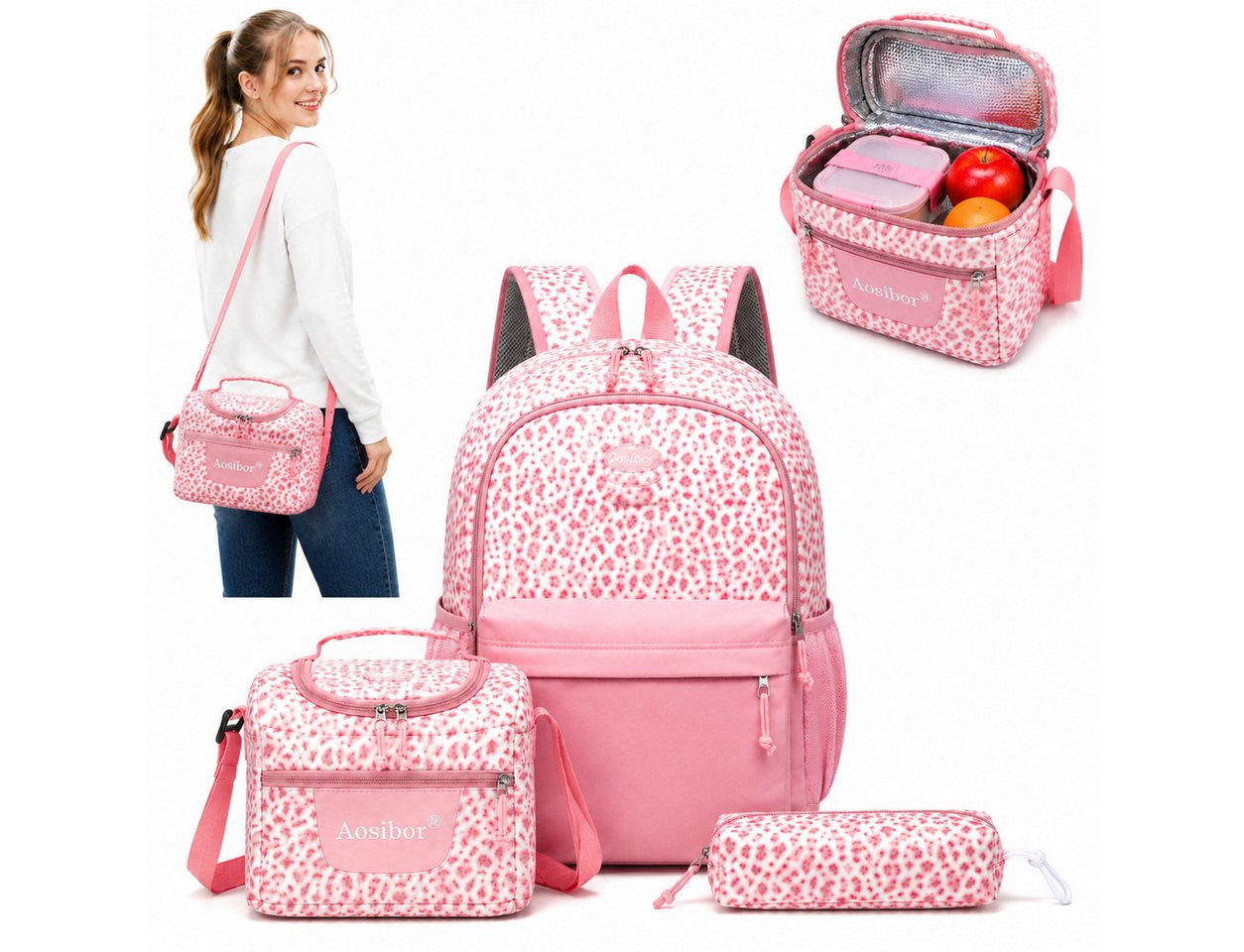 ibettertec Rucksack Schulrucksack Set 3 Stück mit Isoliertasche und großem Stauraum (Leichter Alltagsrucksack mit vielen Fächern, wasserabweisendem Material), Thermofach für unterwegs