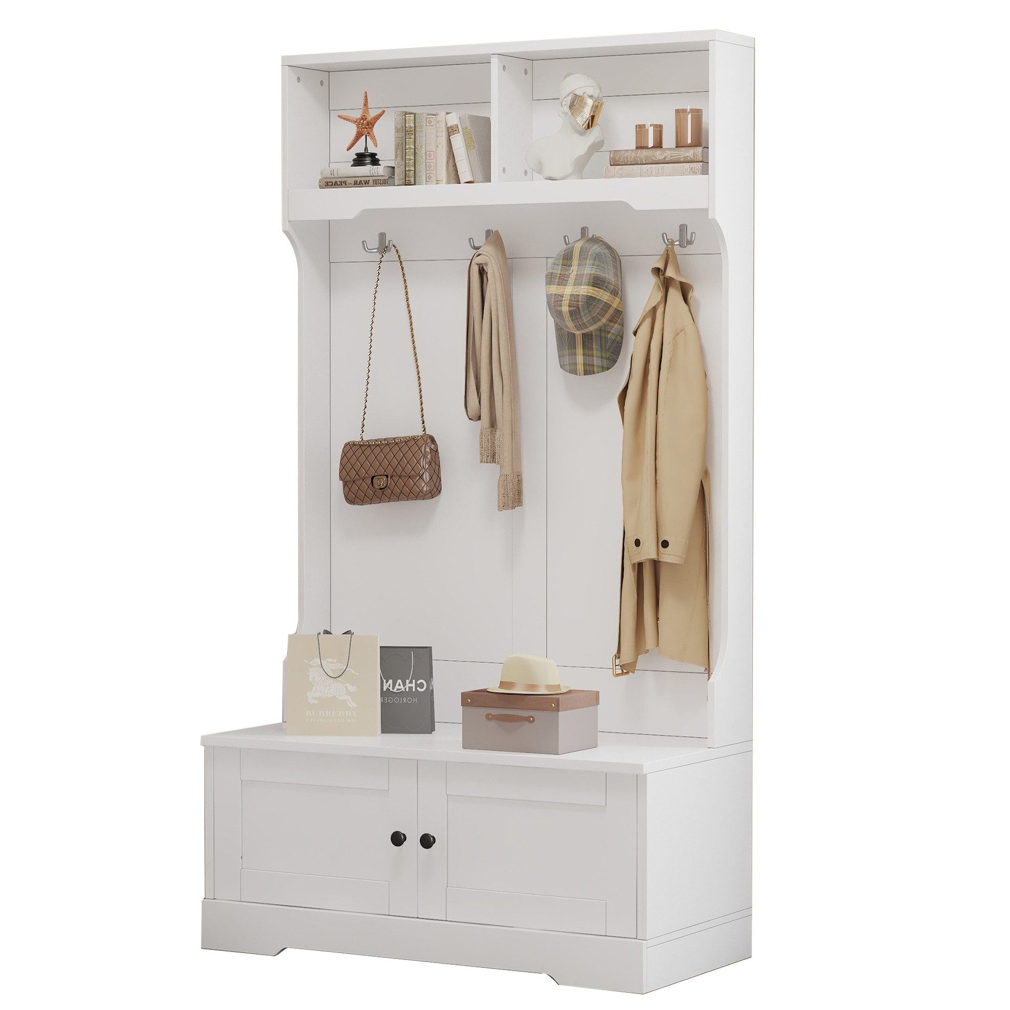 Fine Life Pro Garderoben-Set Weißes Eingangsmöbel: Einheitsschrank mit Sitz, 4 Haken, 2 Fächern für Kleidung, Garderobe & Schuhaufbewahrung