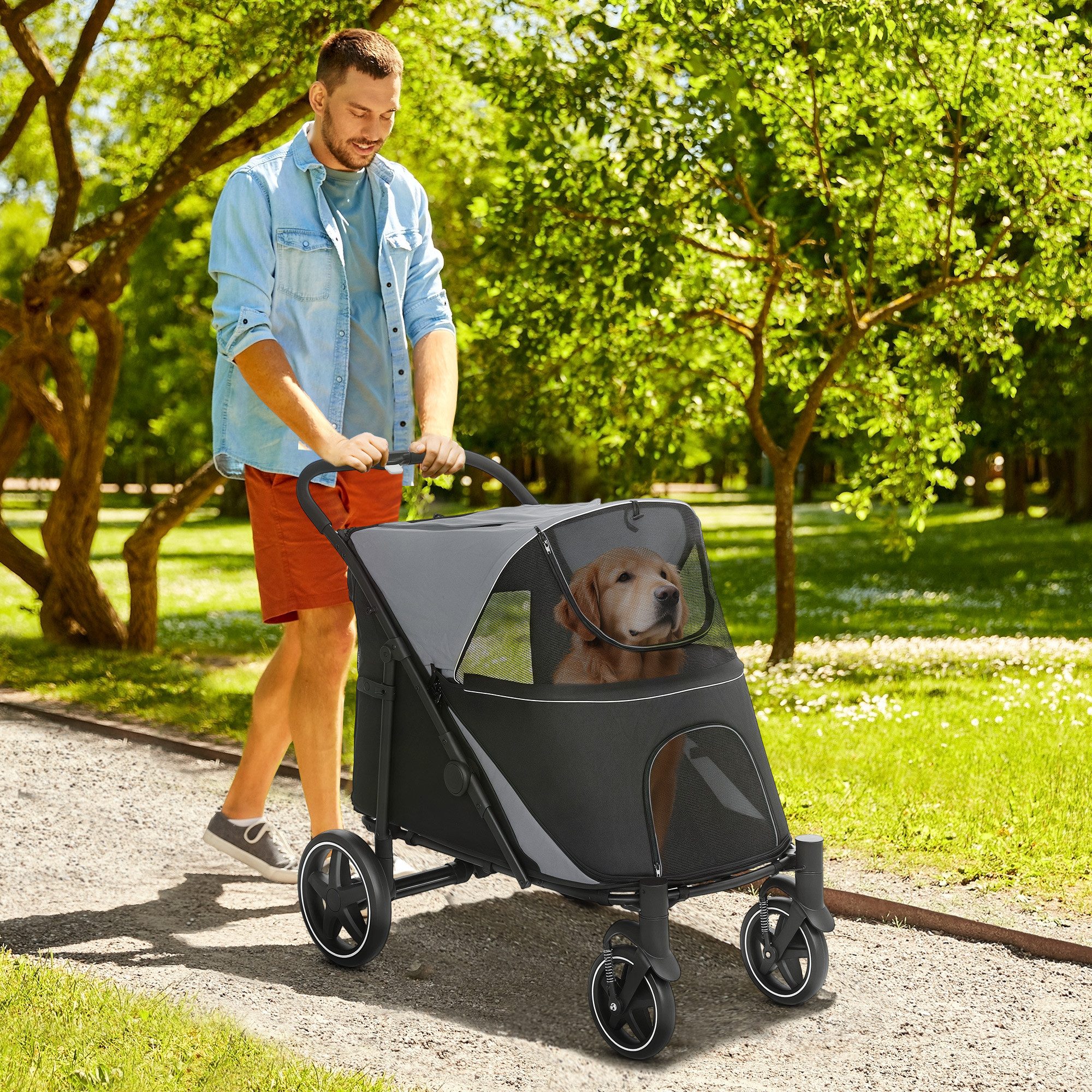 PawHut Hundebuggy Hundetrolley, Katzenbuggy mit Netzfenster und Sicherheitsleinen, (Hundewagen, 1-tlg), für große und mittelgroße Hunde, Oxfordstoff, Grau