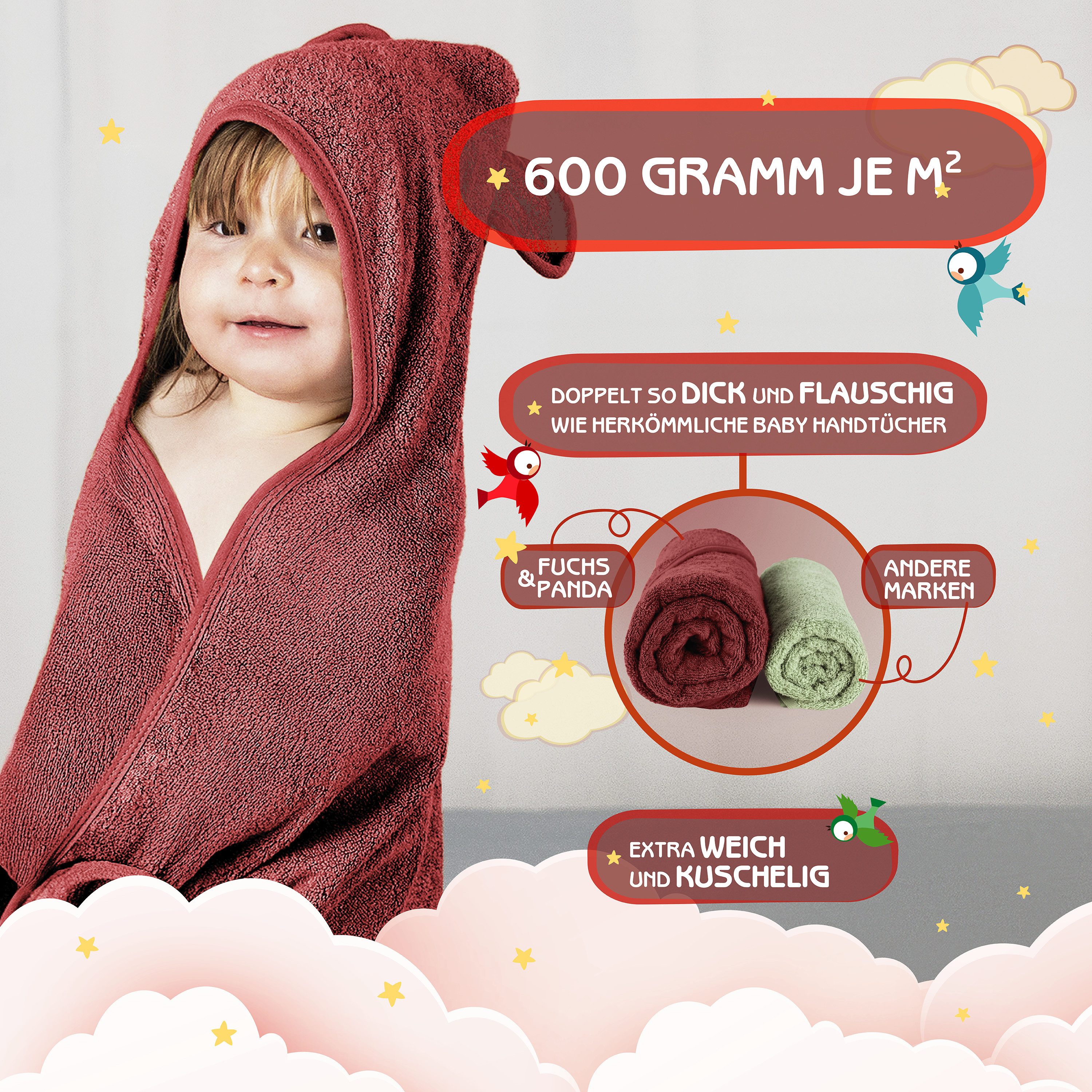 Fuchs & Panda Kapuzenhandtuch Kapuzenhandtuch Baby EXTRA dick, warm & weich aus 100% Bambus, 100% Bambus: Antimikrobiell, Atmungsaktiv, Hypoallergen, Superweich
