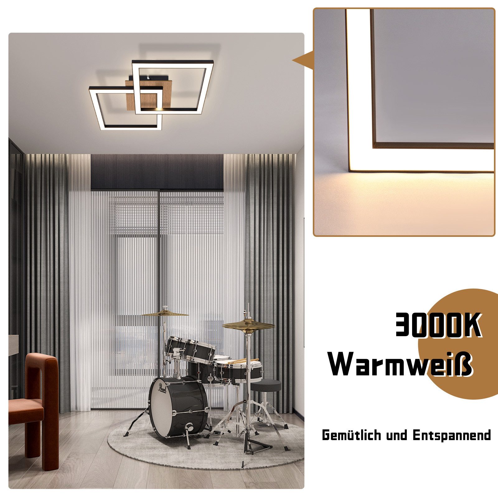 ZMH LED Deckenleuchte Modern 24W für Wohnzimmer Esszimmer Deckenlampe für Küche und Flur, LED fest integriert, Warmweiß, Holzoptik, gekreuzte Rahmen, ein Elemen – Bild 5 von 5
