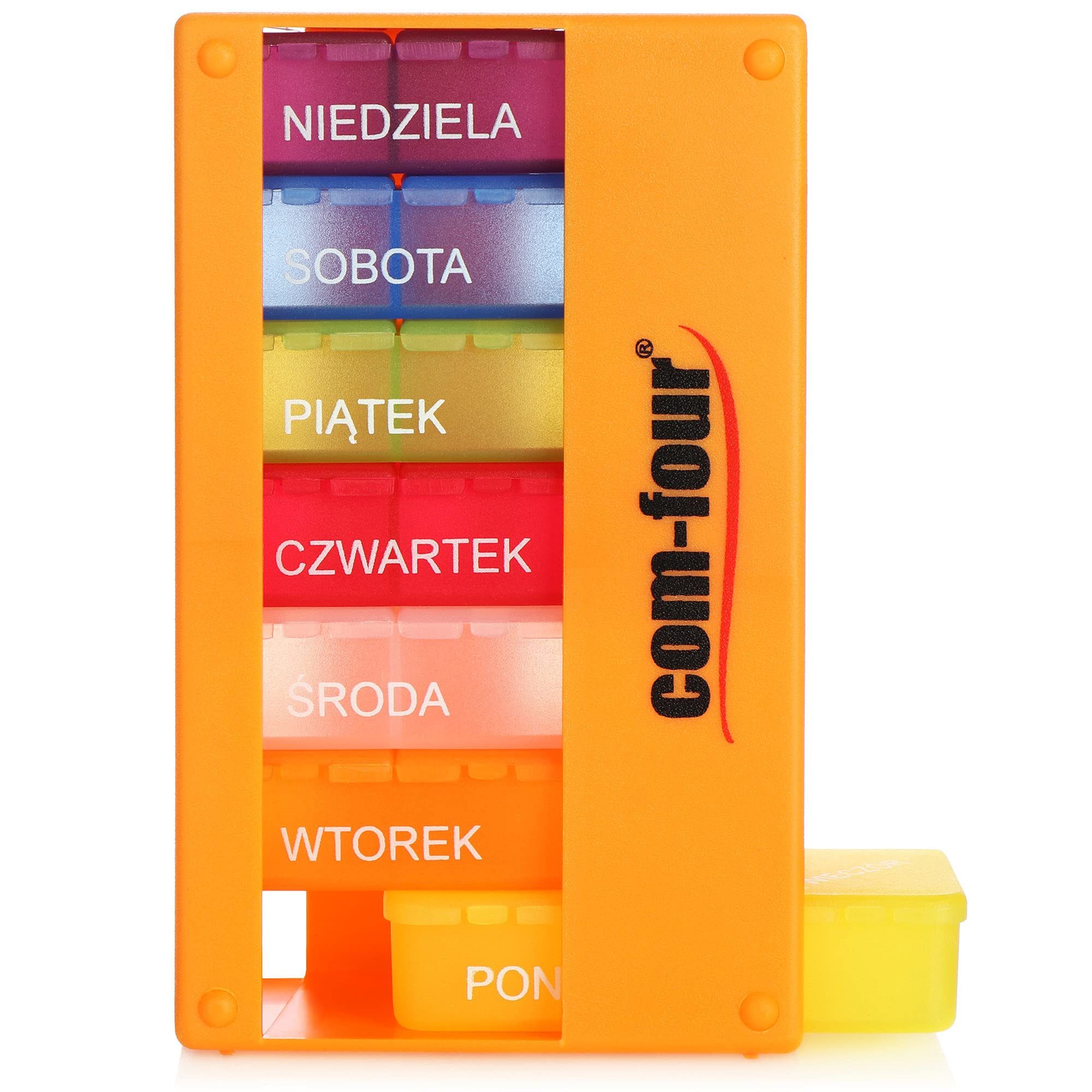 com-four Pillendose Medikamentendosierer auf POLNISCH, Medikamenten-Box für 7 Tage - je 3 Fächer - Pillendose
