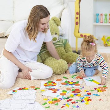 Lernspielzeug Lewo Holzpuzzle Tangram mit 203 Teilen und 15 Musterkarten (203-St), 170 Holzblöcke, Montessori Spielzeug