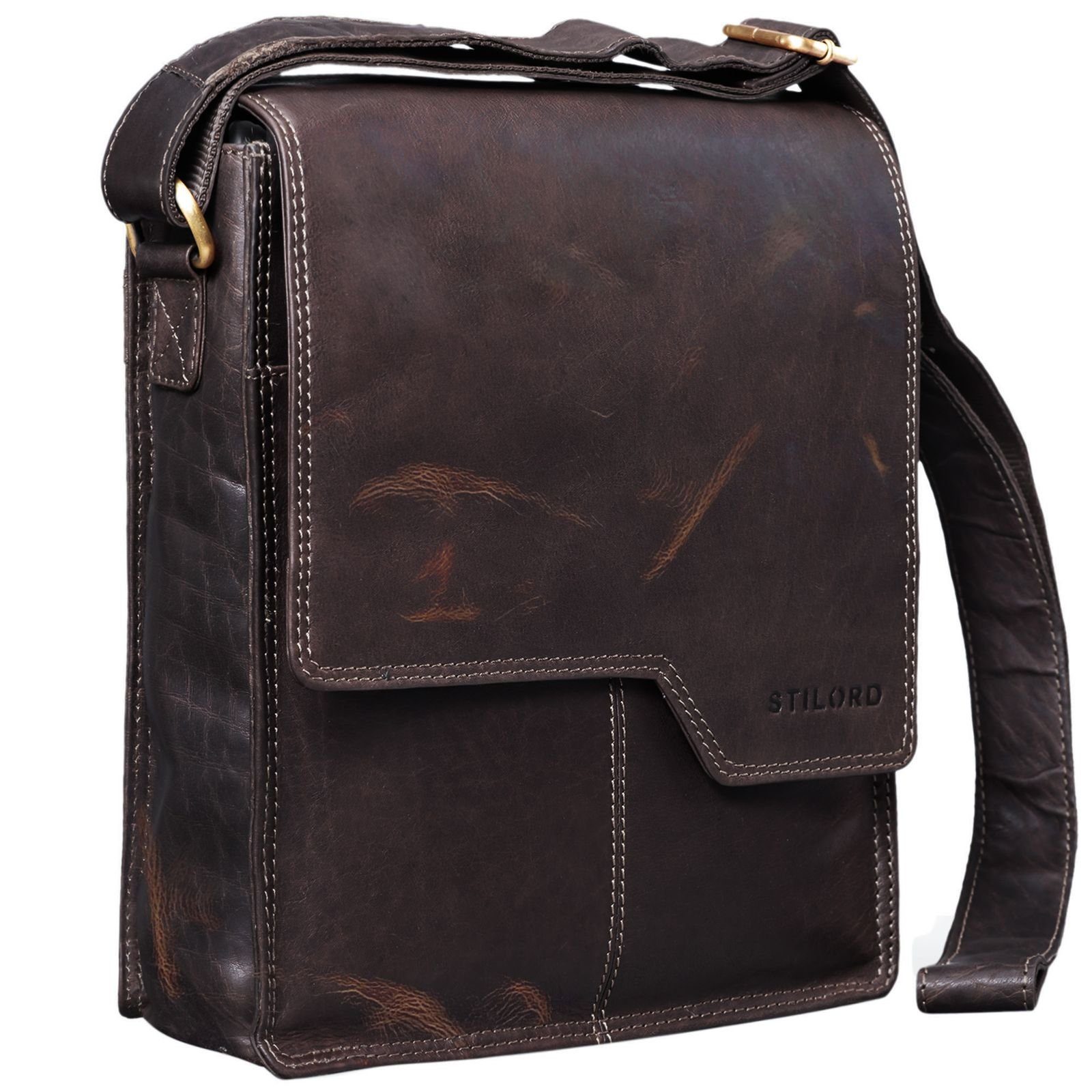 STILORD Umhängetasche Leder 13,3 "Sheffield" Umhängetasche - Zoll cognac Herren dunkelbraun