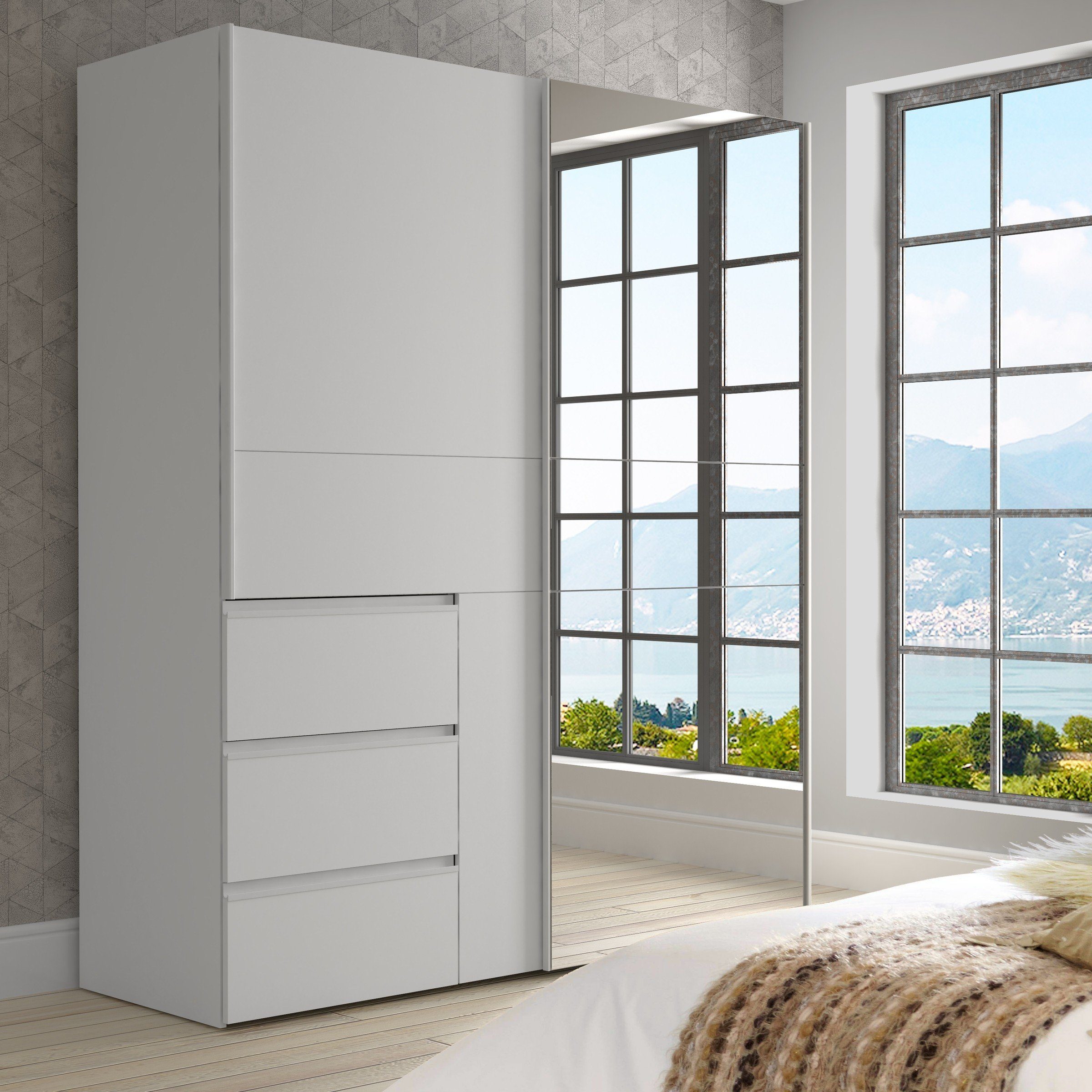 Weiß Türen 2 und Schwebetürenschrank 3 mit Winn2 (BxHxT: Schubladen 170,3x205x61,2 freiraum cm) in