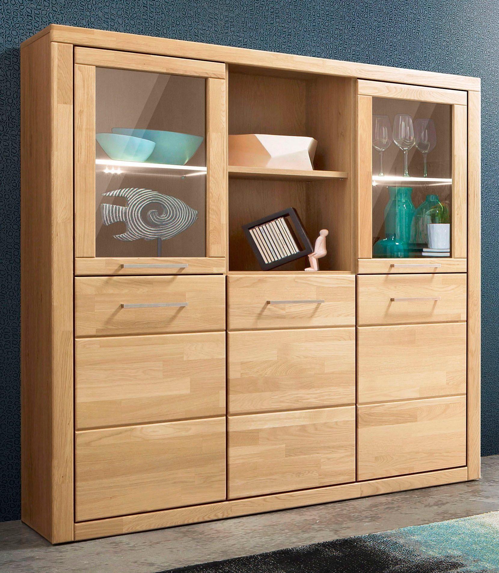 OTTO home Highboard Trondheim,130cm breit,42 cm tief, Fronten Holzmassiv, Metallgriffe, Korpus aus Holzwerkstoff,4 Türen,12 Fächer, Böden teilweise versetzbar