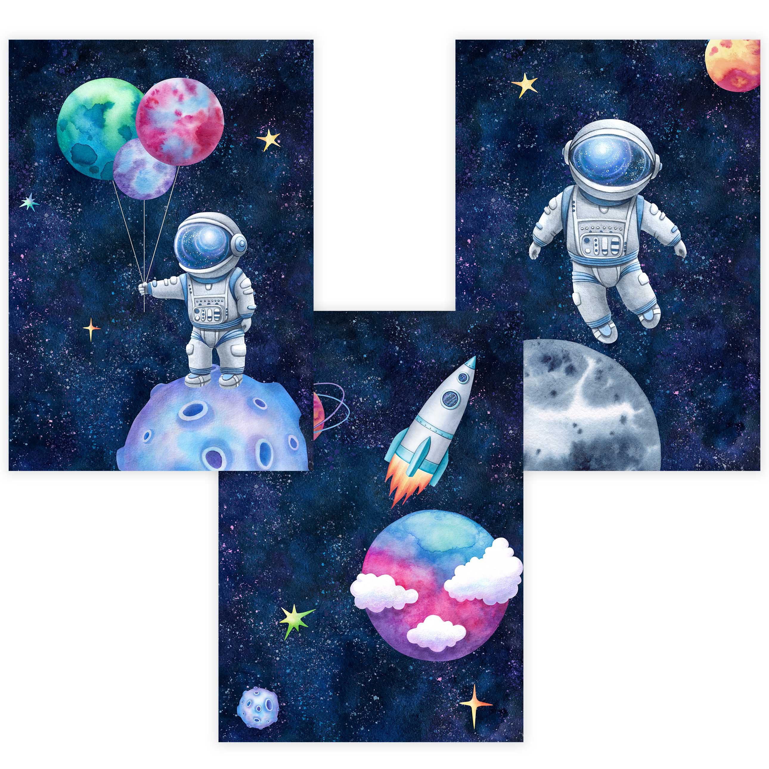 Poster Kinderzimmer Poster 3er Set Premium P710 / Weltall Astronaut