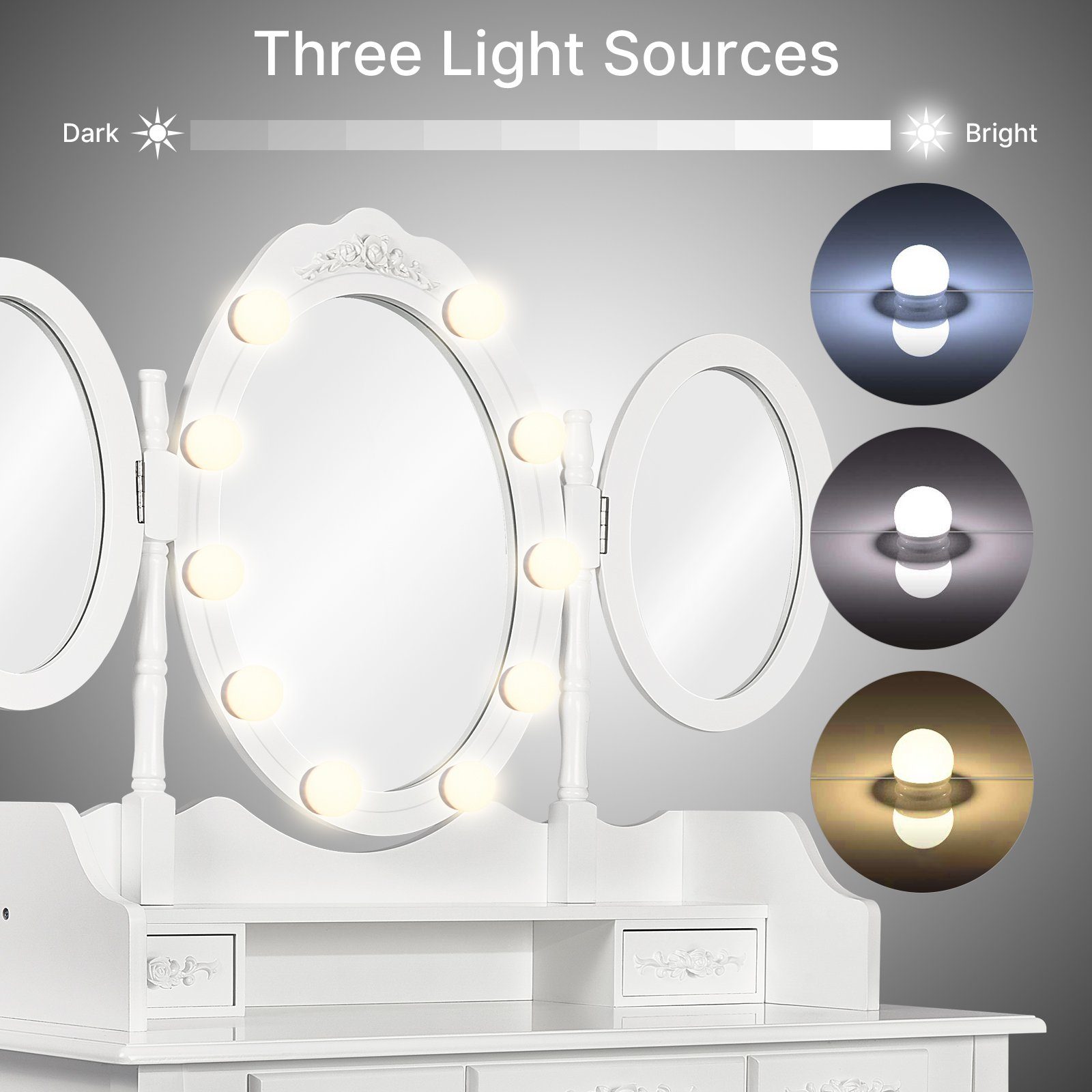 Meerveil Schminktisch LED weiß Spiegel Schubladen, 3 mit und 7