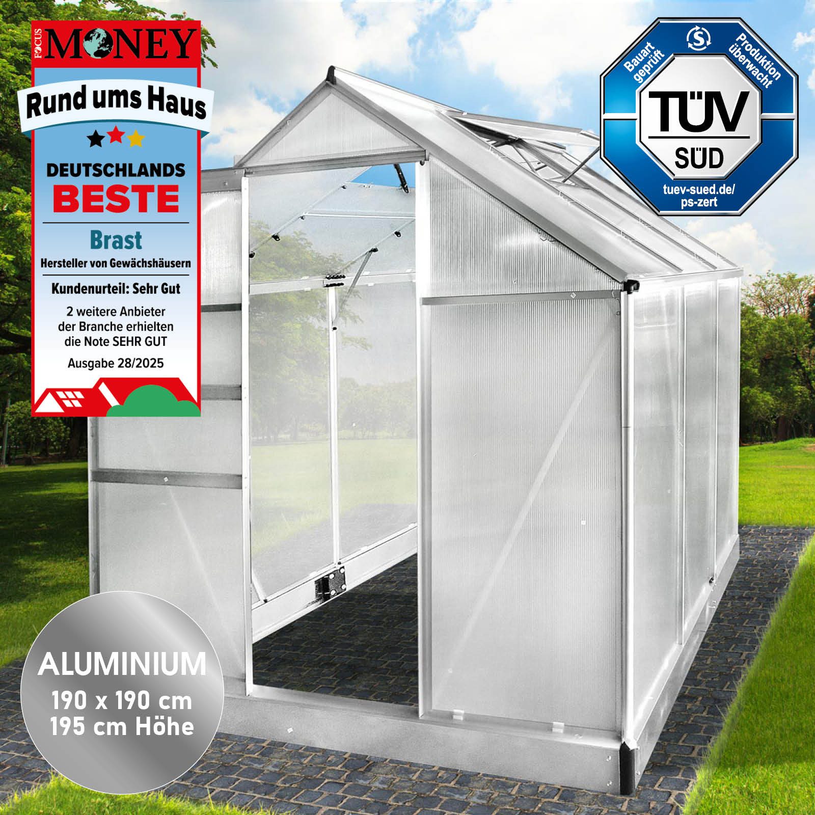 BRAST Gewächshaus Aluminium mit Fundament rostfrei 190x190x195cm TÜV geprüft, BxTxH: 190 x 190 x 195 cm, wetterfestes hochwertiges Aluminium, Temperaturbeständig, Wärmedämmend, Lichtbrechend & UV-stabilisiert