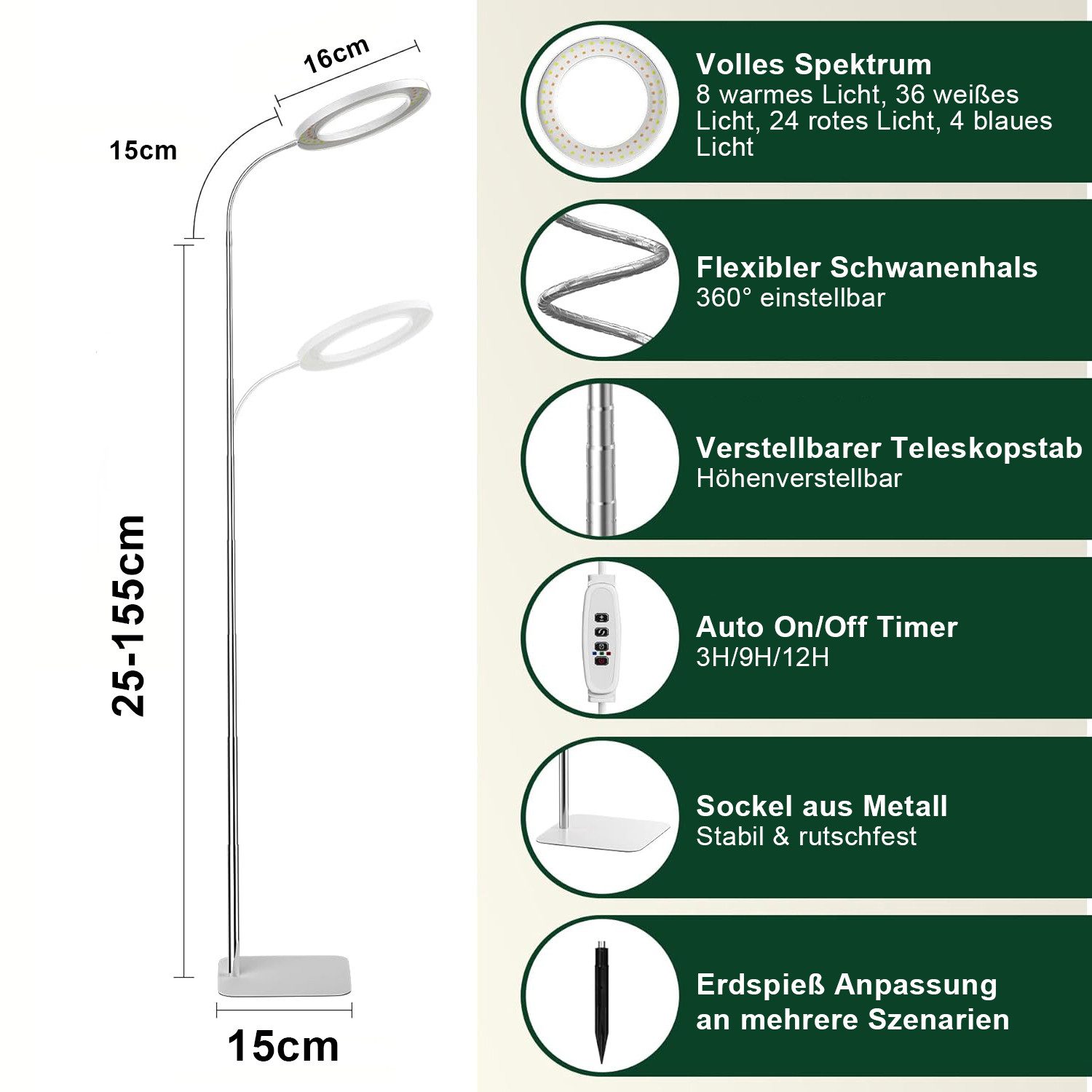 Jibenhome Pflanzenlampe LED Vollspektrum Pflanzenlicht 3/9/12H Timer, 72 LE günstig online kaufen