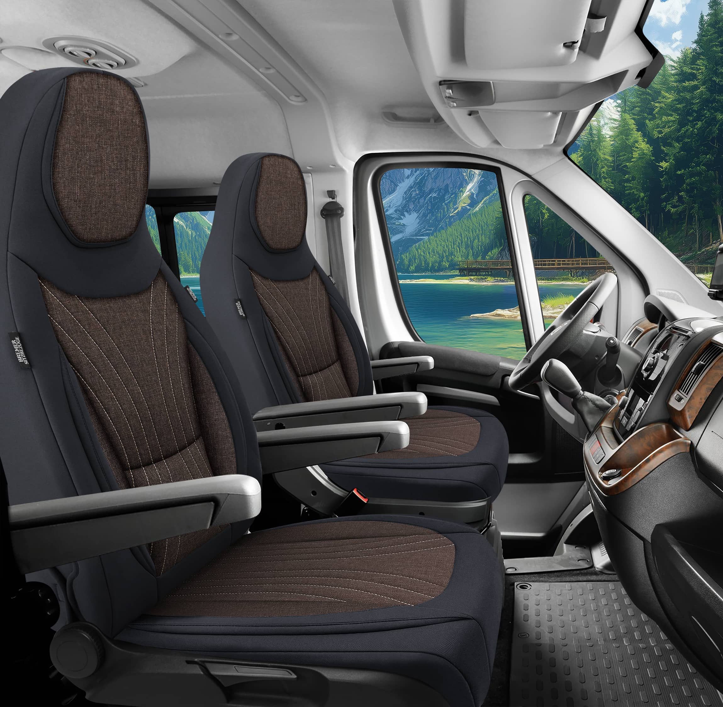 BREMER SITZBEZÜGE Autositzbezug für Benimar Benivan (C12), Set, 2-tlg., Schonbezüge Sitzbezüge Fahrer und Beifahrer, in Schwarz/Braun