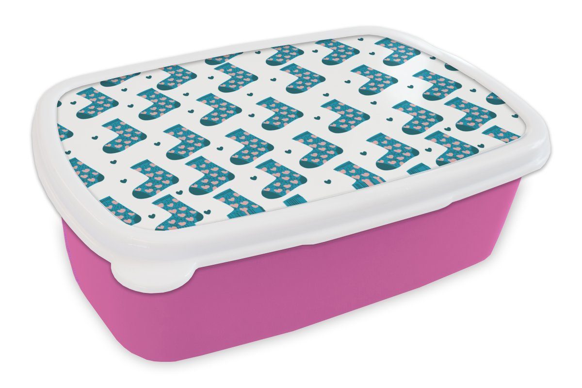 Schnittmuster Brotbox MuchoWow Brotdose - Socken Lunchbox Erwachsene, für Kunststoff rosa - Herzen, Kunststoff, Snackbox, (2-tlg), Kinder, Mädchen,