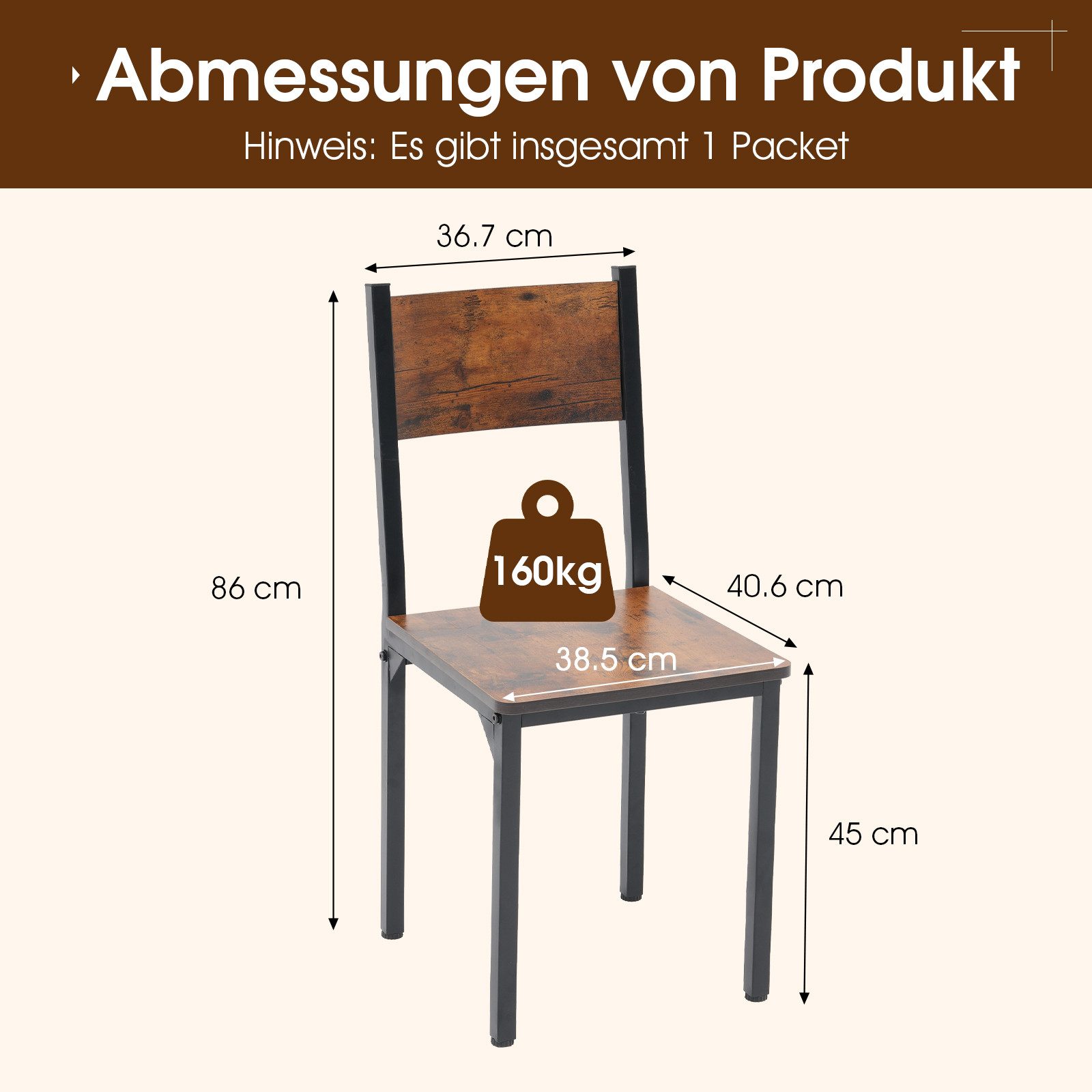 Sunsitt Bistrostuhl Küchenstuhl Set 4 Stück Industriestil vintage (Esstischstuhl mit Rücklehne aus Metall & MDF, 4 St), Braun Schwarz - 37x41x86 cm