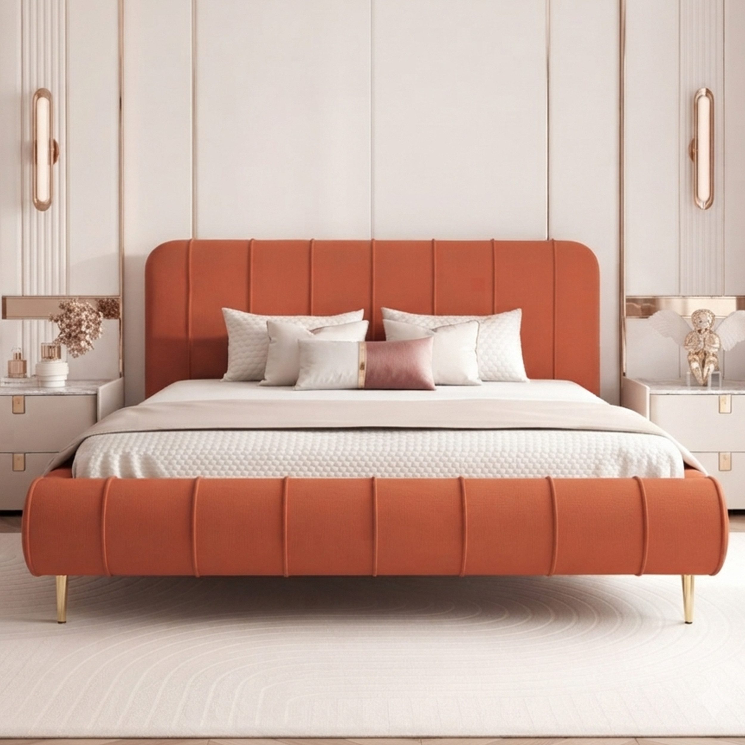 Goldstoff Polsterbett Elegantes Stoffbett "FIRENZE" mit hohem Kopfteil und großem Bettkasten (120–200x200 cm, Kopfteilhöhe 70/100 cm, Seitenhöhe: 25/40 cm), Komfortables Stoffbett mit Stauraum und verstellbarem Kopfteil