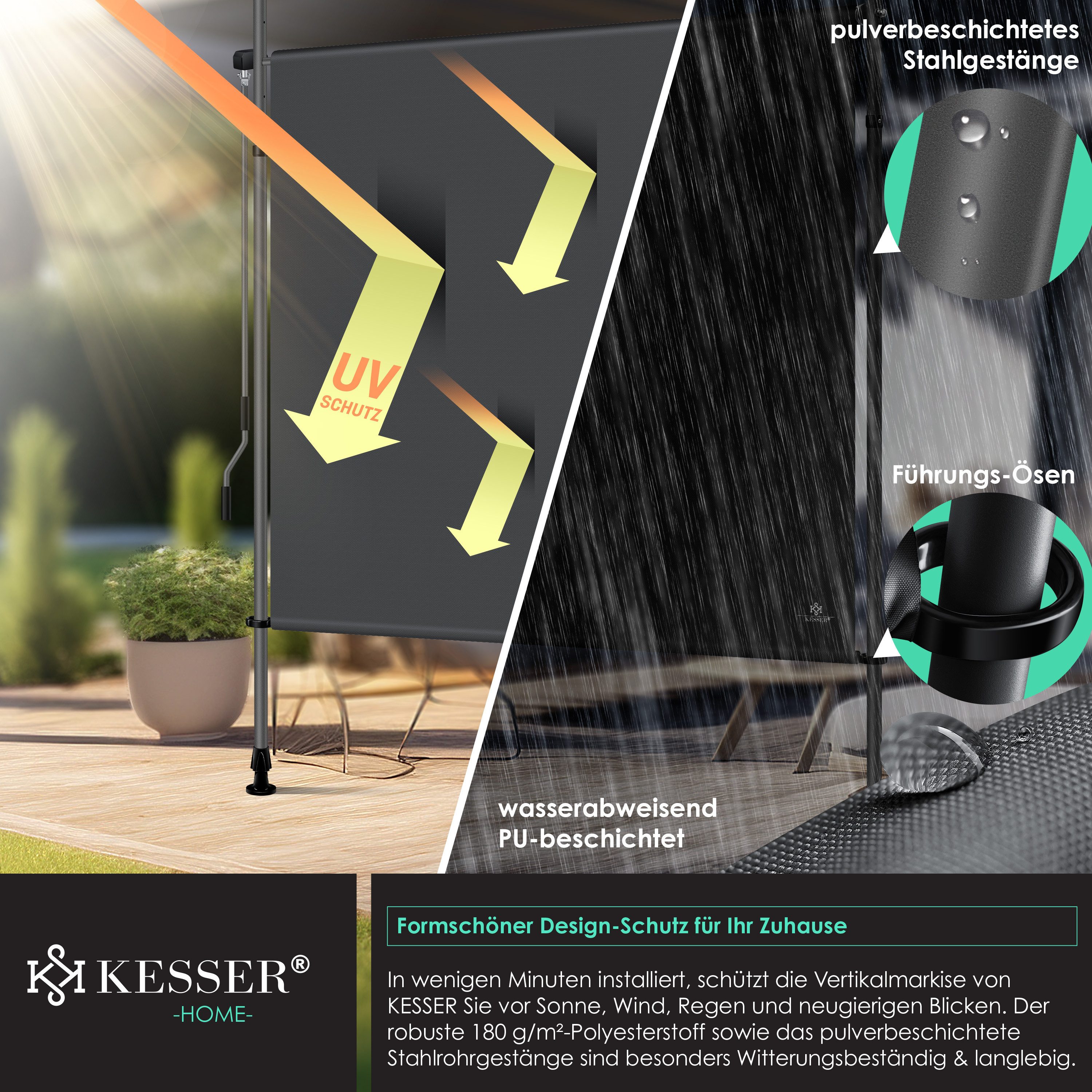 KESSER Senkrechtmarkise Klemmmarkise Ausziehbar Blickdicht Vertikal Markise mit Handkurbel
