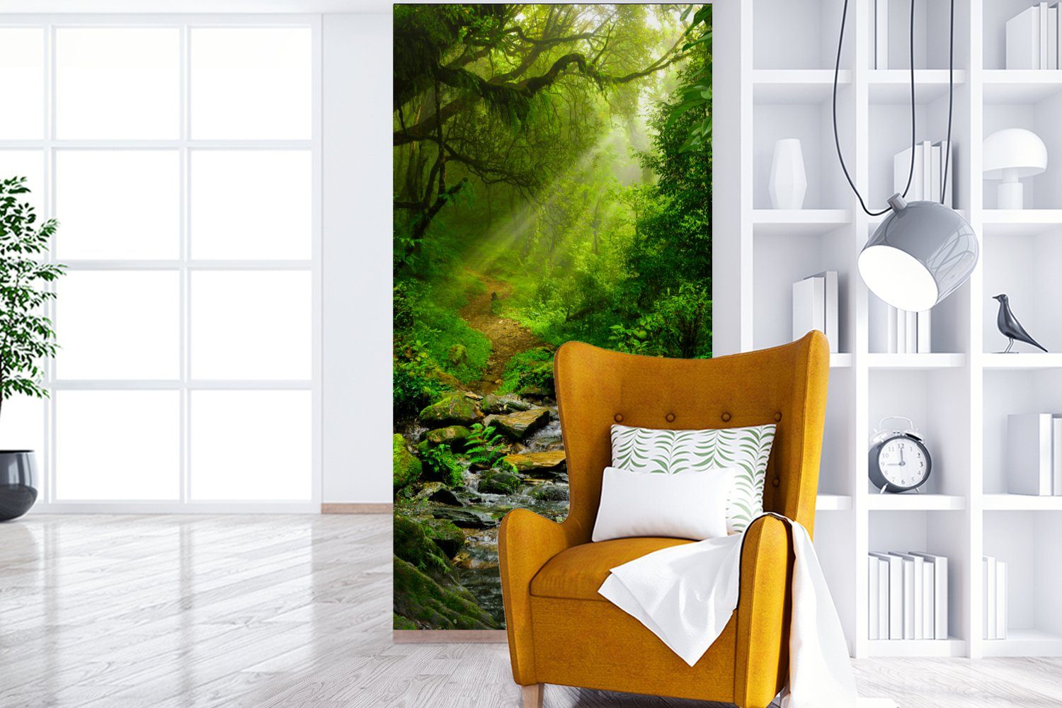 MuchoWow Sonne - Matt, Dschungel für Küche, Schlafzimmer - Laub (2 St), Fototapete Wohnzimmer - Fototapete Wasser Vliestapete - Natur, bedruckt,