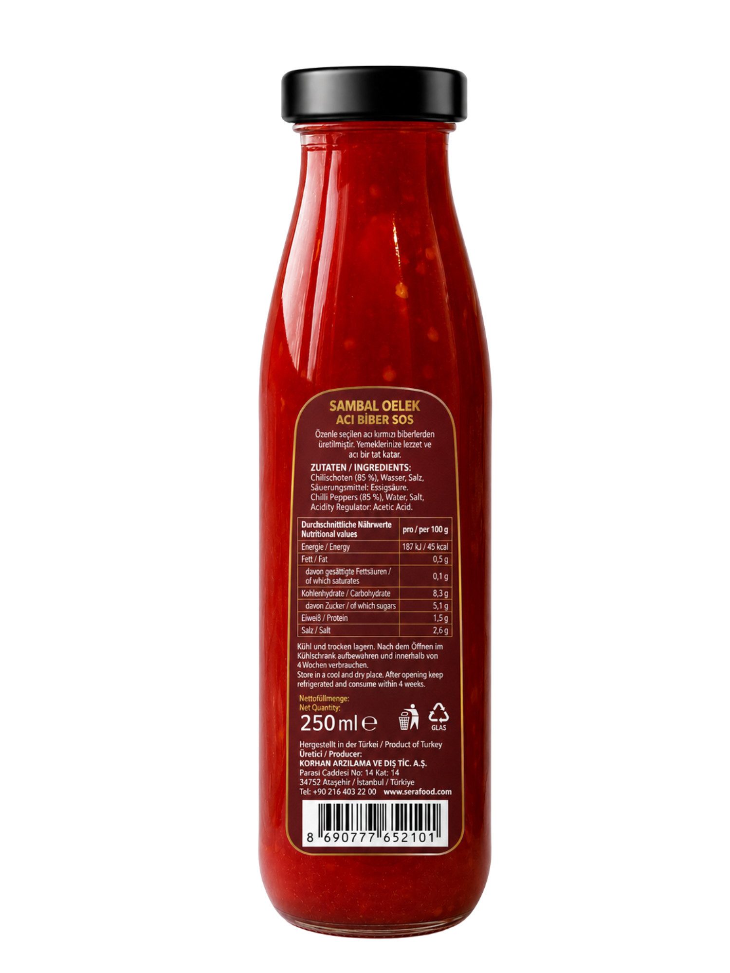 SERA FOOD Saucen Sera Sambal Oelek Chili Sauce scharf 250ml Grill & Dip, 1 x 250 ml, Authentische Chili Sauce, Intensive Schärfe, Vielseitig verwendbar