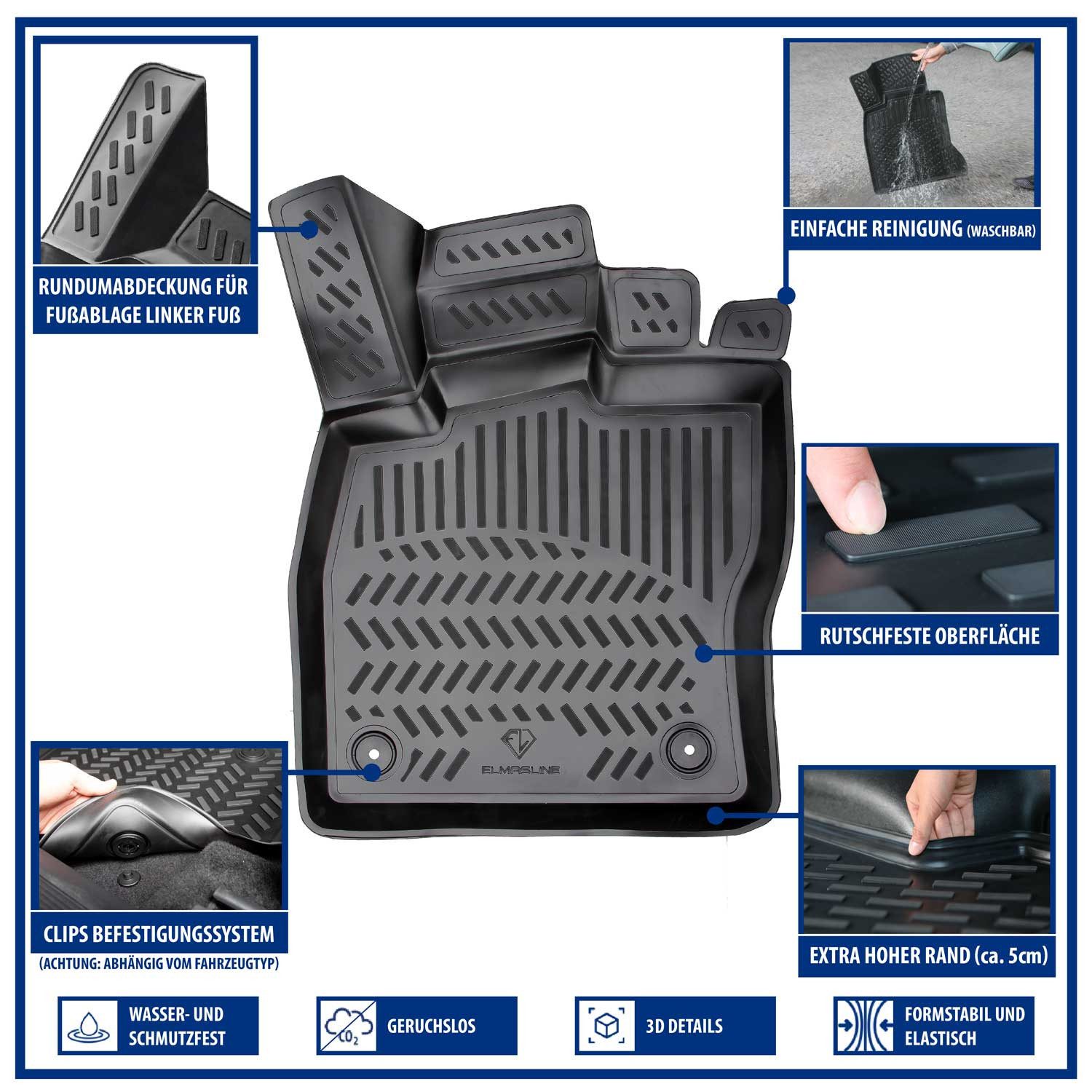 ELMASLINE Car Floor Mats for VW Sharan 2010-2024 [II] - 3D Rubber Mats - Odorless, for VW Sharan - Extra High Edge for More Protection, Fits VW Sharan 2010-2024
