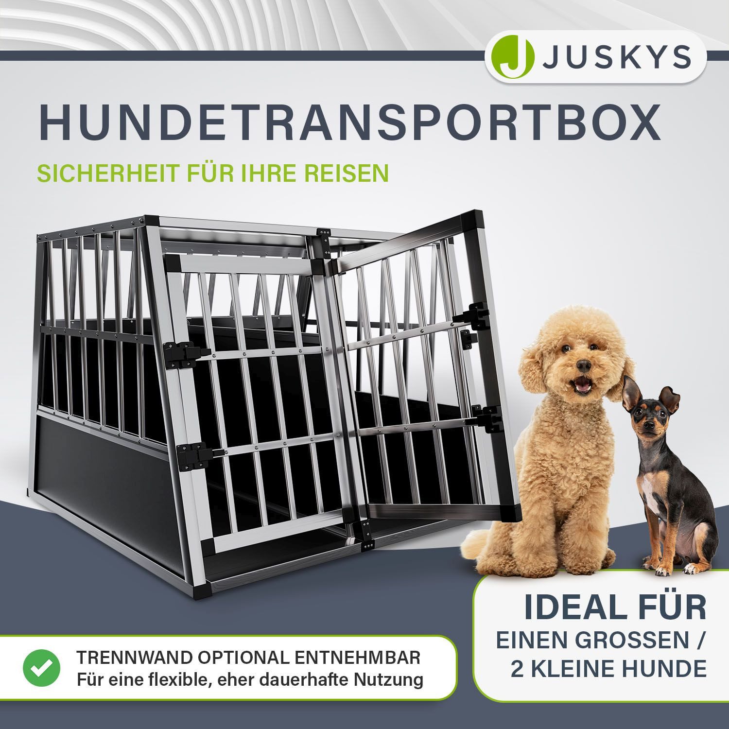 Juskys Tierreisebox Alu-Hundetransportbox in 4 versch. Größen: M, L, L-X, XL, Auto Hundebox robust und pflegeleicht, Gittertür verschließbar