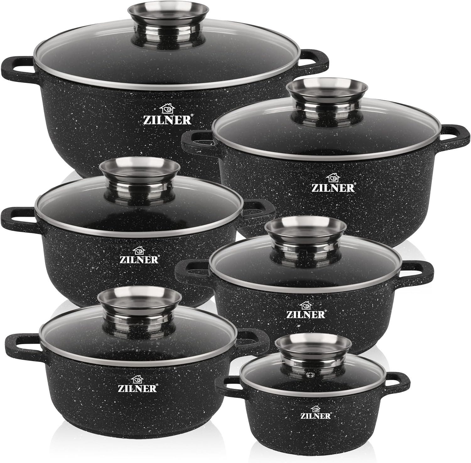 Zilner Topf-Set Set von sechs schönen grauen steinüberzogenen Töpfen, Aluminiumguss, Aluminium, Keramik, Edelstahl (Passt in jede Küche! 1.3L / 2.3L / 2.3L / 3.2L / 4.5L / 6.8L, 12-tlg., Es ist eine perfekte Geschenkidee für jeden Anlass), Innovative Aroma Knob-Griffe