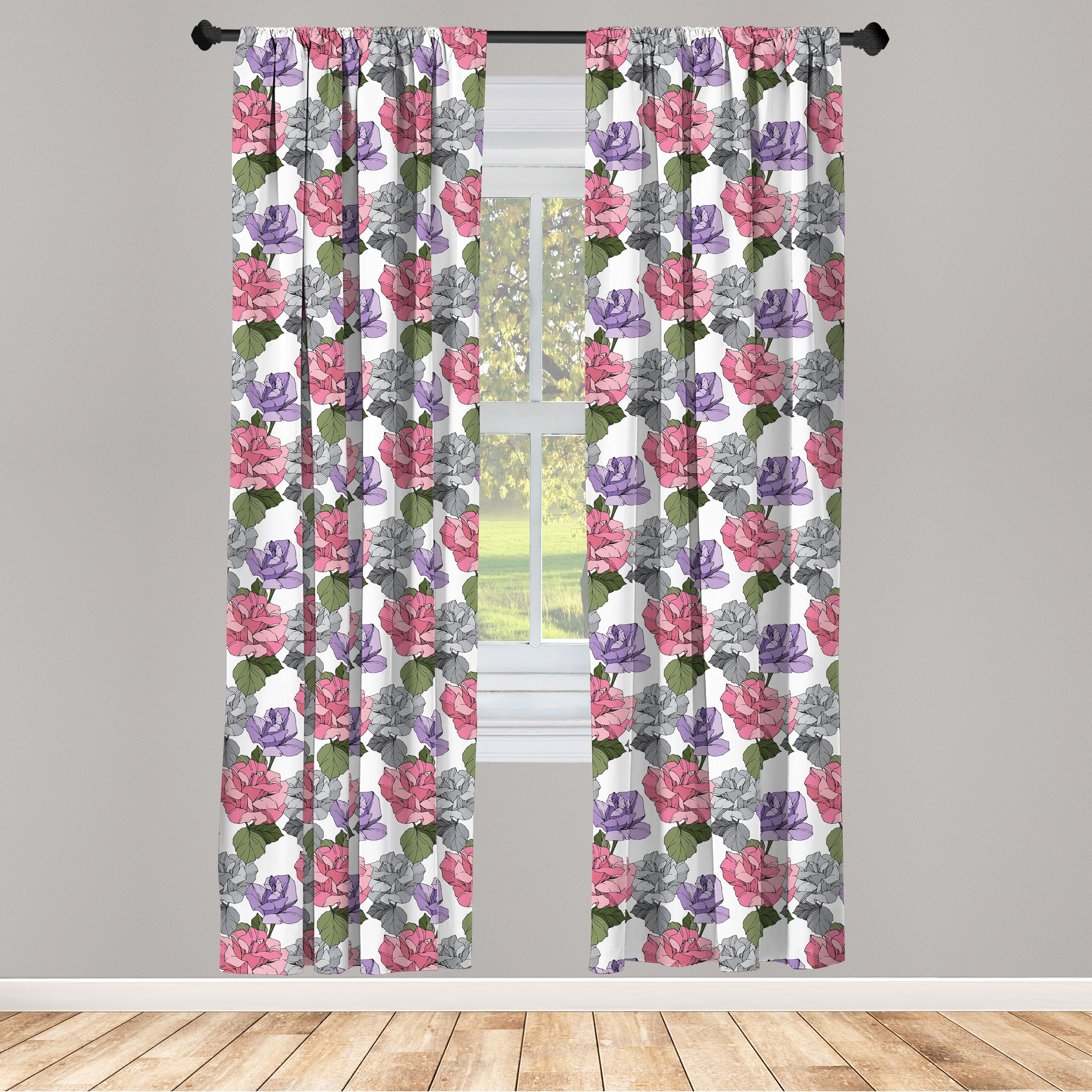 Gardine Vorhang für Wohnzimmer Schlafzimmer Dekor, Abakuhaus, Microfaser, Blumen Rosen in rosa und lila | Fertiggardinen