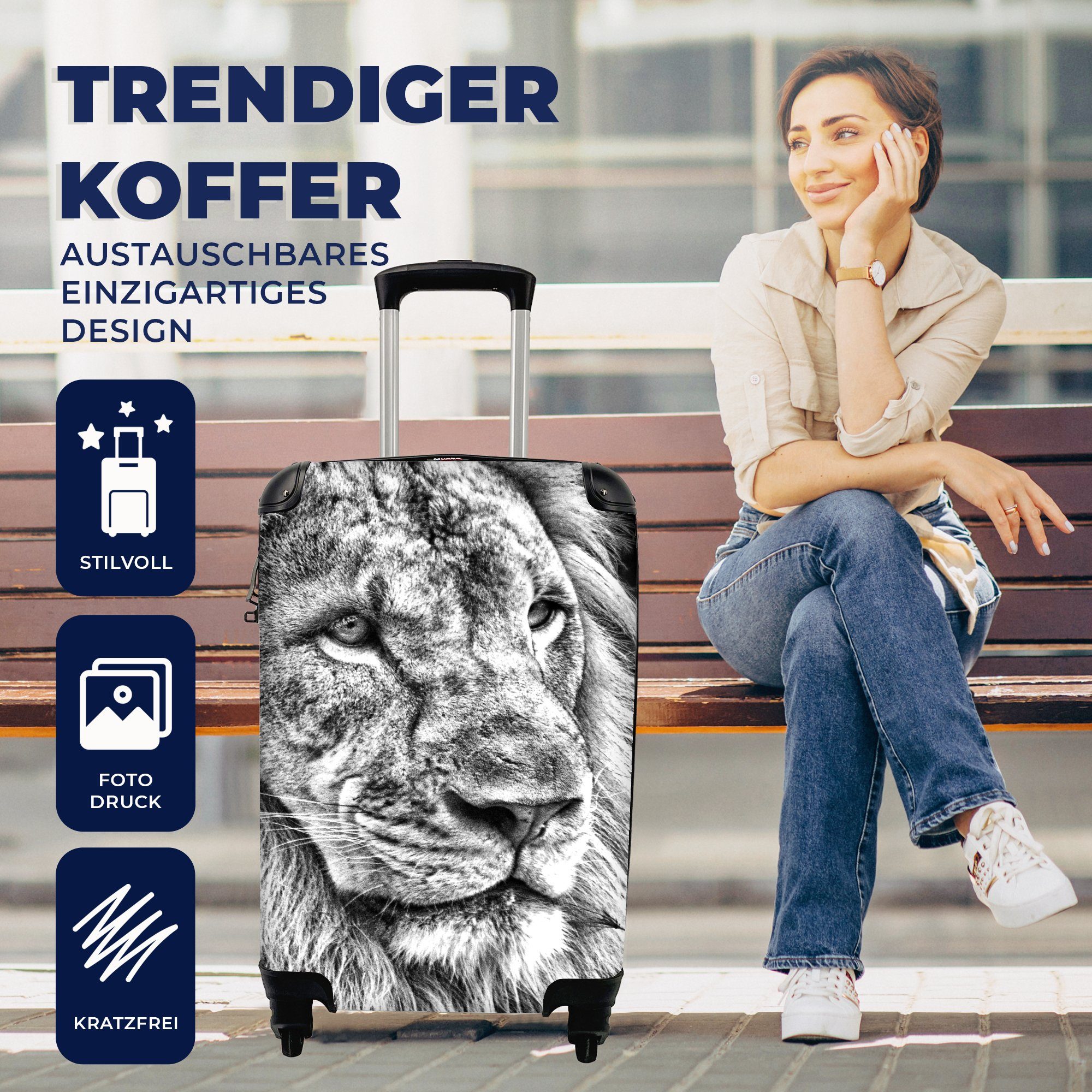 rollen, Reisetasche mit Trolley, und - Schwarz Handgepäck 4 Löwe Porträt MuchoWow - Reisekoffer weiß, für Ferien, Rollen, Handgepäckkoffer