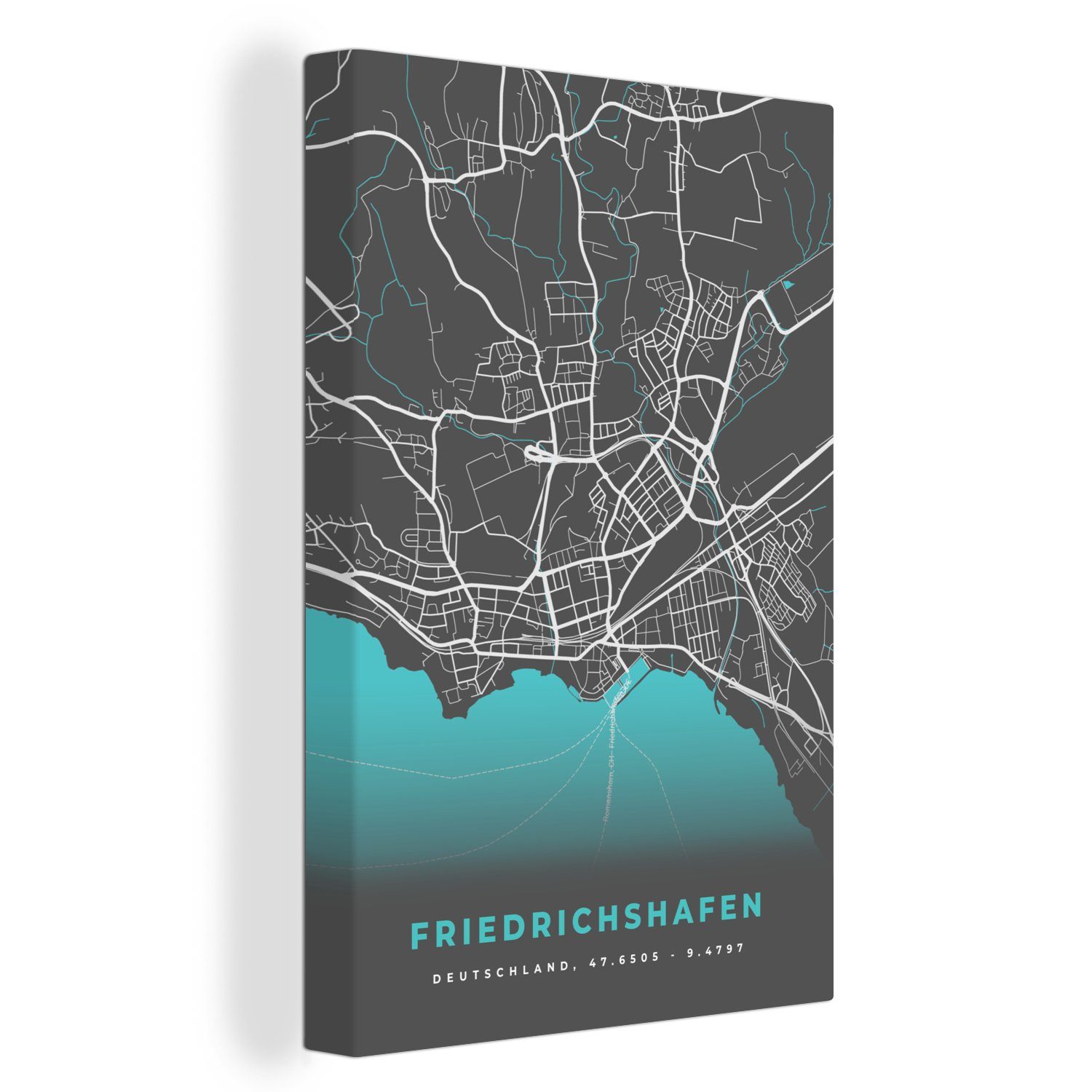 20x30 fertig (1 cm Karte, - Blau Friedrichshafen- OneMillionCanvasses® inkl. St), Stadtplan Deutschlandkarte Leinwandbild - Leinwandbild Gemälde, bespannt Zackenaufhänger, -